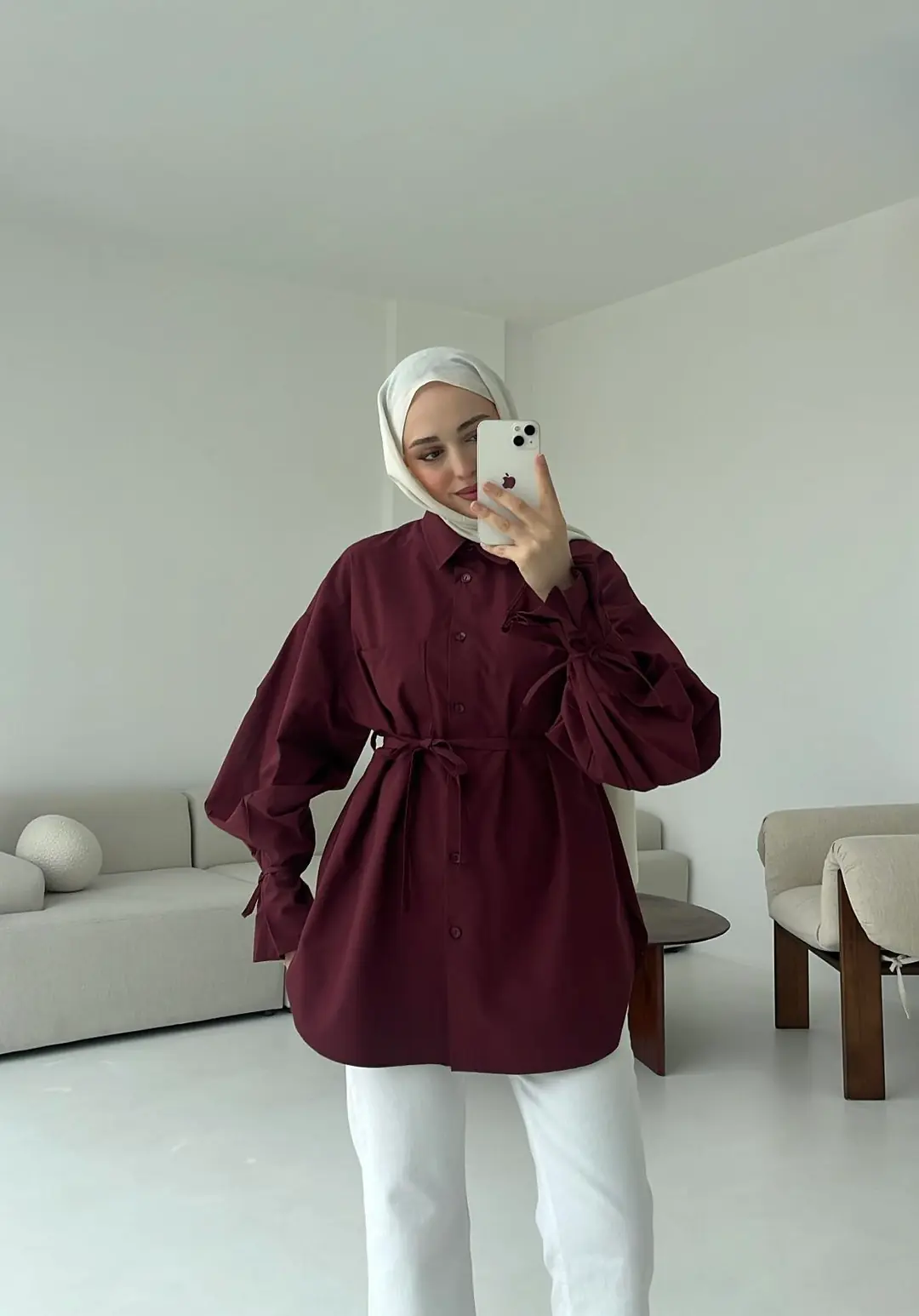 Kol Detay Tasarım Gömlek Bordo - Görsel 7