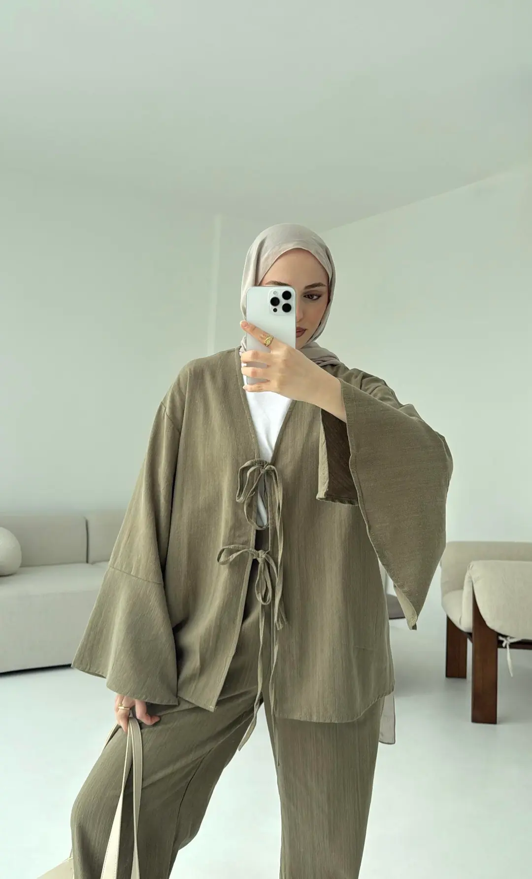 Kol Detaylı Kimono Keten Takım Haki - Görsel 2