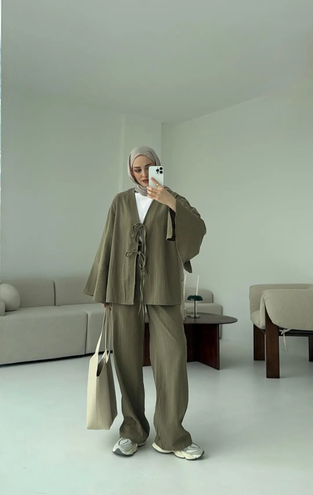 Kol Detaylı Kimono Keten Takım Haki - Görsel 4