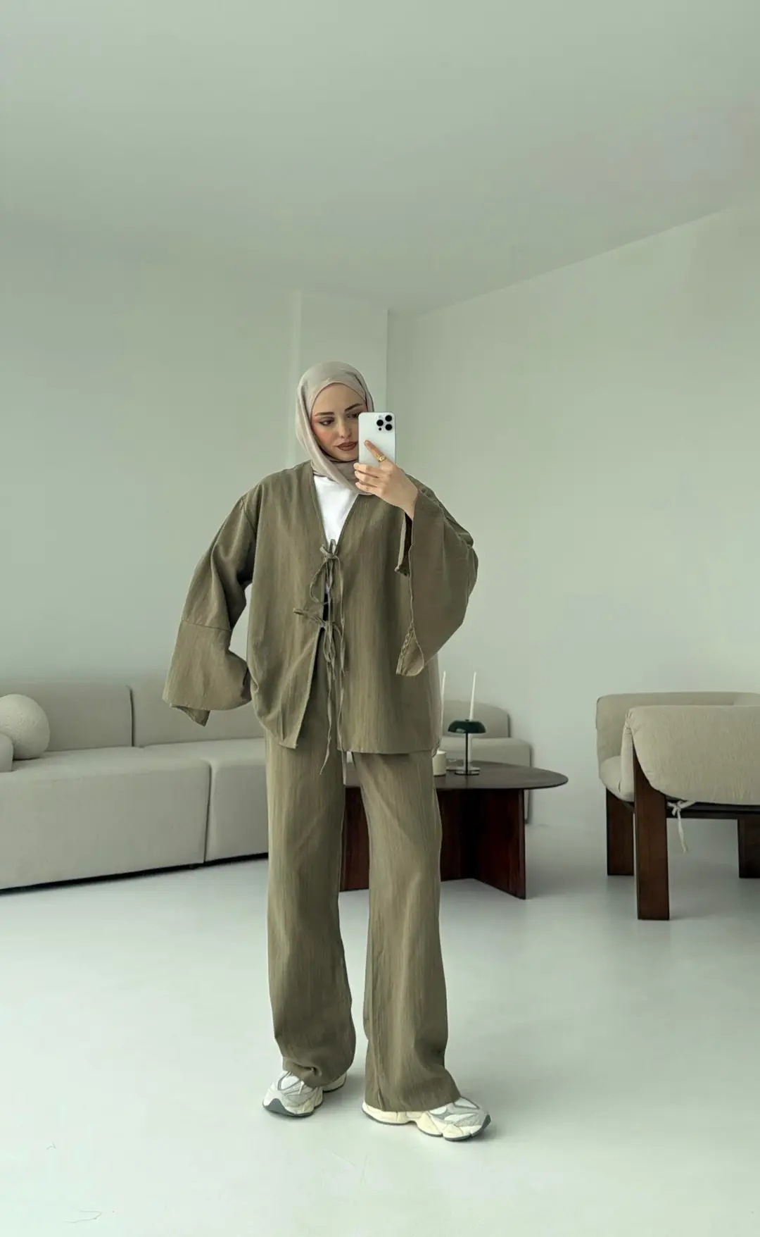 Kol Detaylı Kimono Keten Takım Haki - Görsel 5