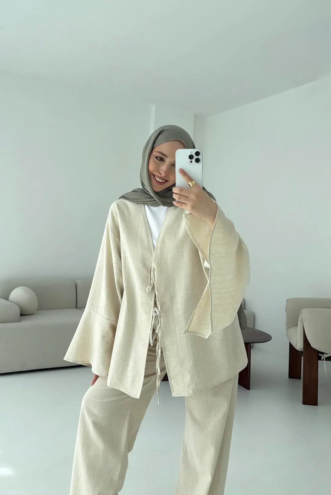 Kol Detaylı Kimono Keten Takım Natural - Görsel 2