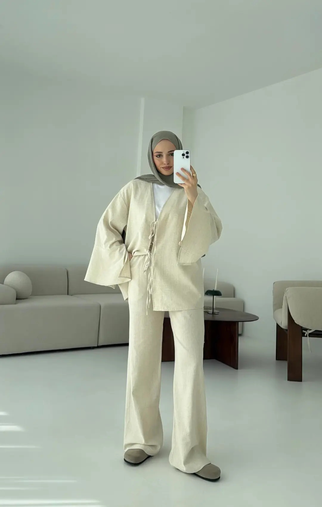 Kol Detaylı Kimono Keten Takım Natural - Görsel 3