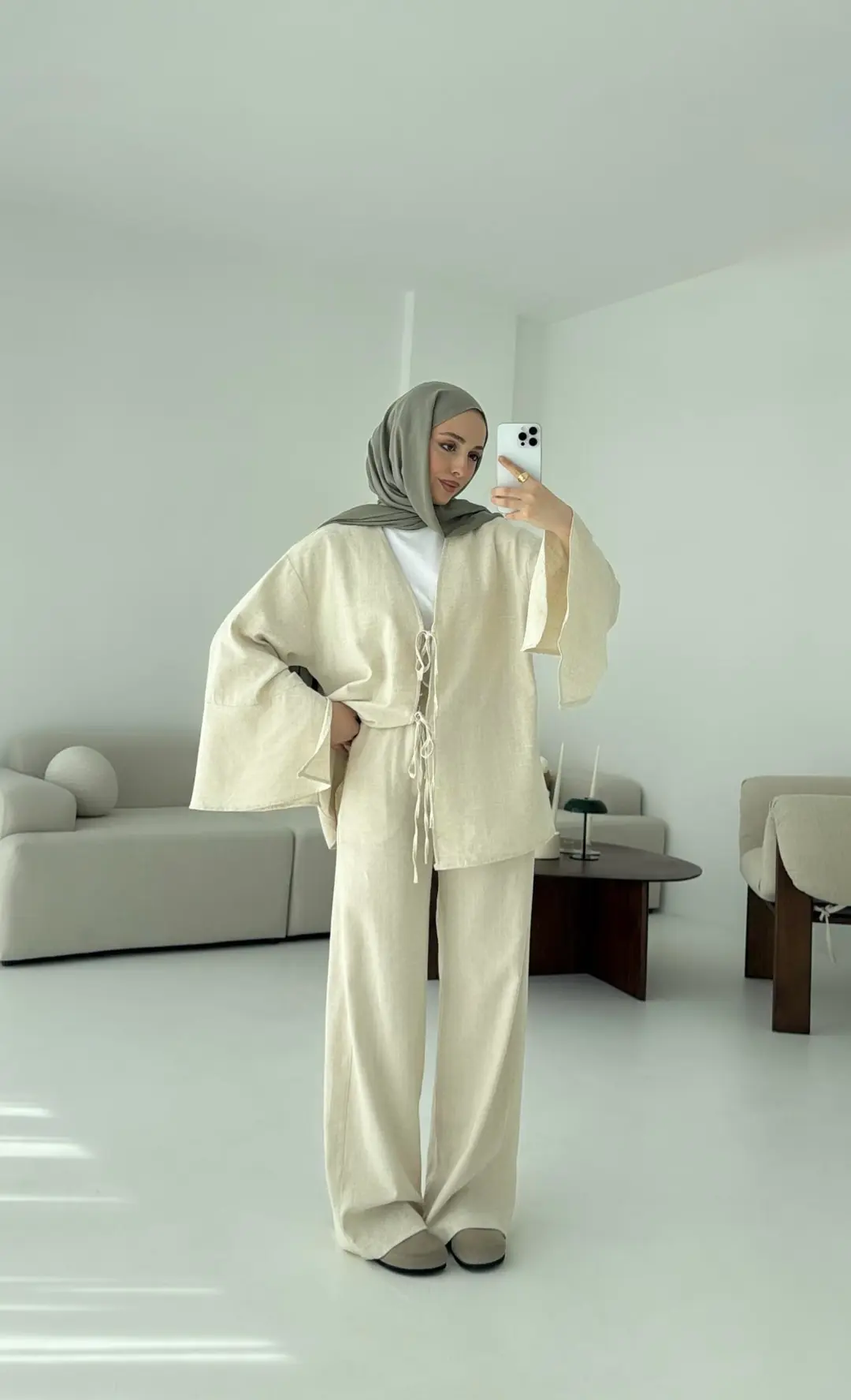 Kol Detaylı Kimono Keten Takım Natural - Görsel 4