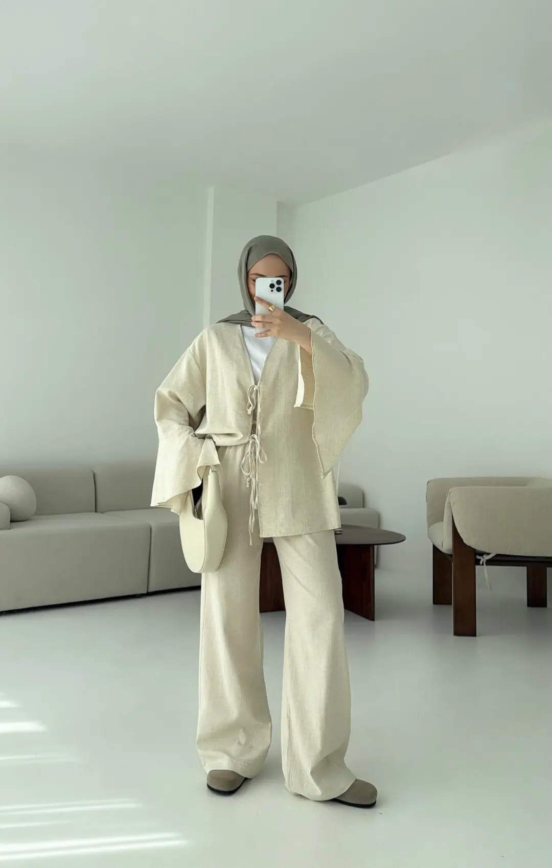 Kol Detaylı Kimono Keten Takım Natural - Görsel 5