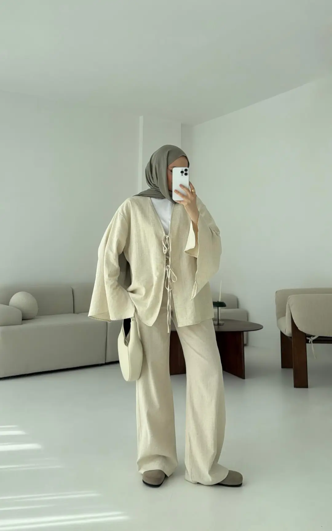 Kol Detaylı Kimono Keten Takım Natural - Görsel 6