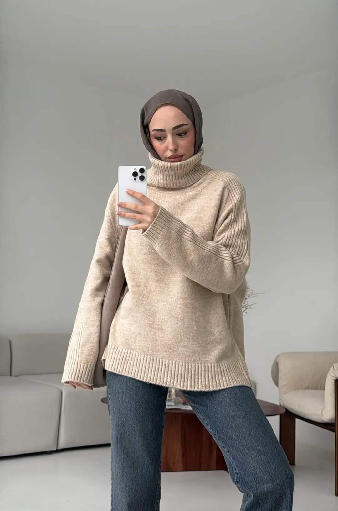 Kol Ortası Fitilli Kazak Bej - Görsel 3