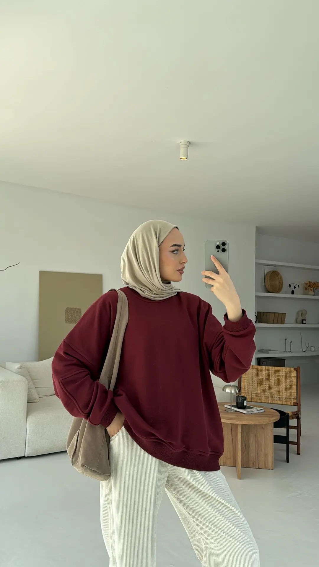 Kolları Dikiş Detaylı Oversize Sweatshirt Bordo - Görsel 4