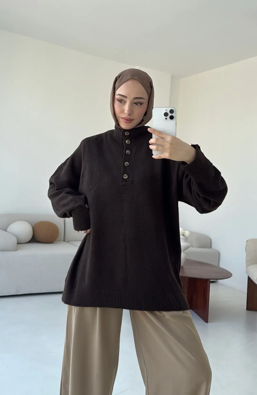 Kolları Düğme Detay Triko Kazak Acı Kahve