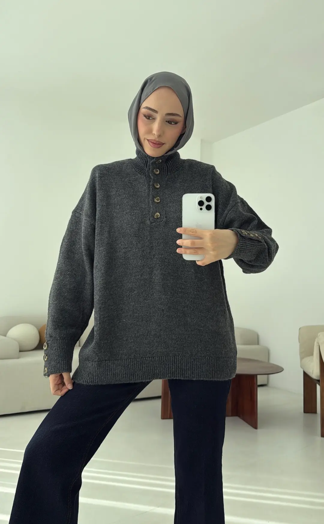 Kolları Düğme Detay Triko Kazak Antrasit - Görsel 3