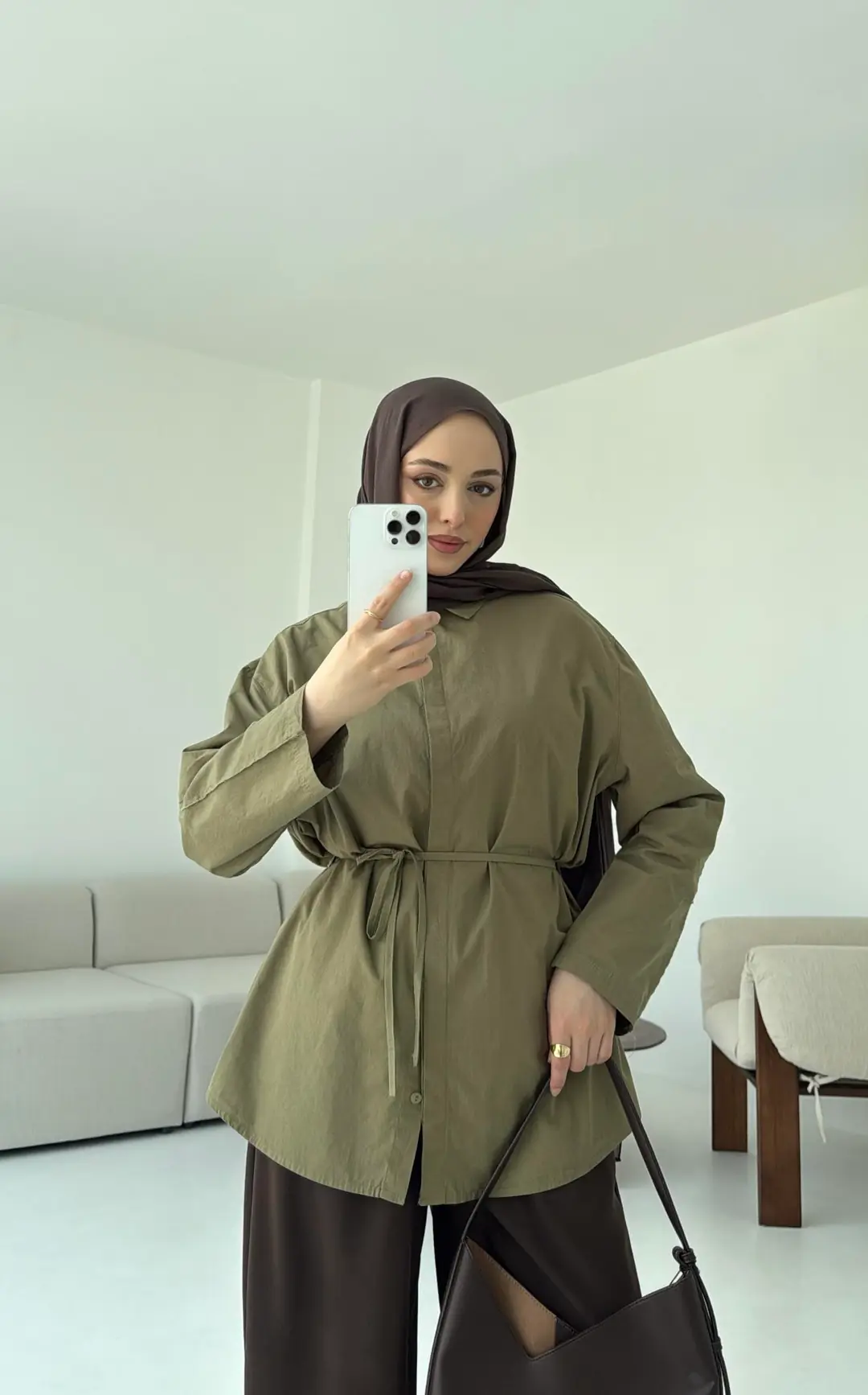 Kolları Pis Dikiş Kemerli Gömlek Haki - Görsel 4