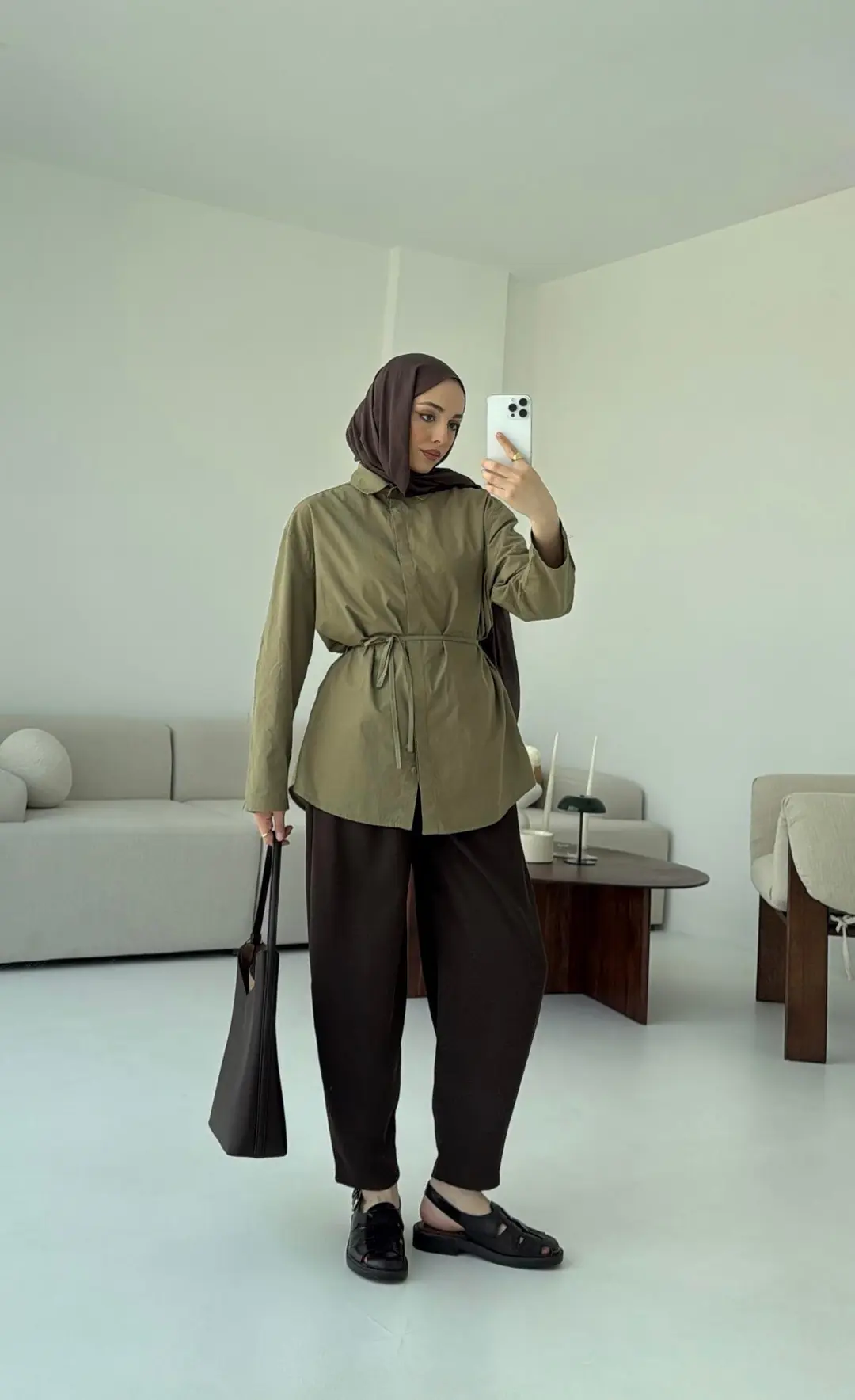 Kolları Pis Dikiş Kemerli Gömlek Haki - Görsel 6