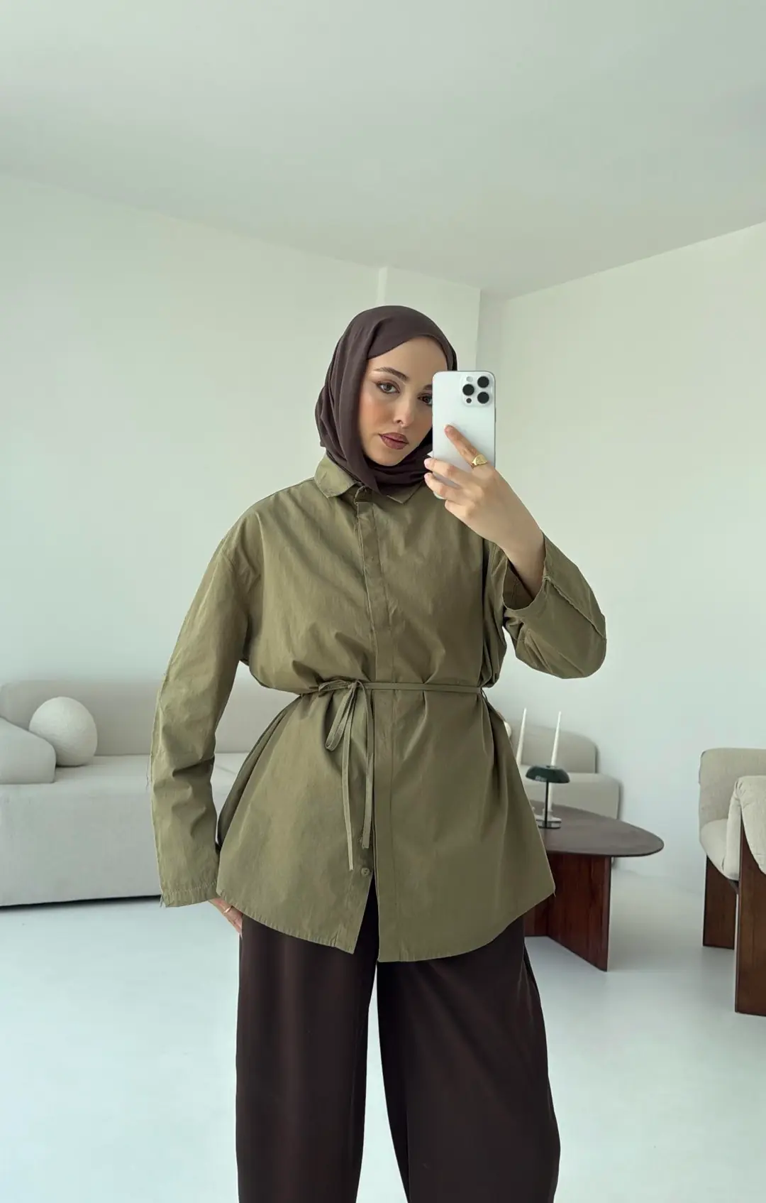 Kolları Pis Dikiş Kemerli Gömlek Haki - Görsel 9