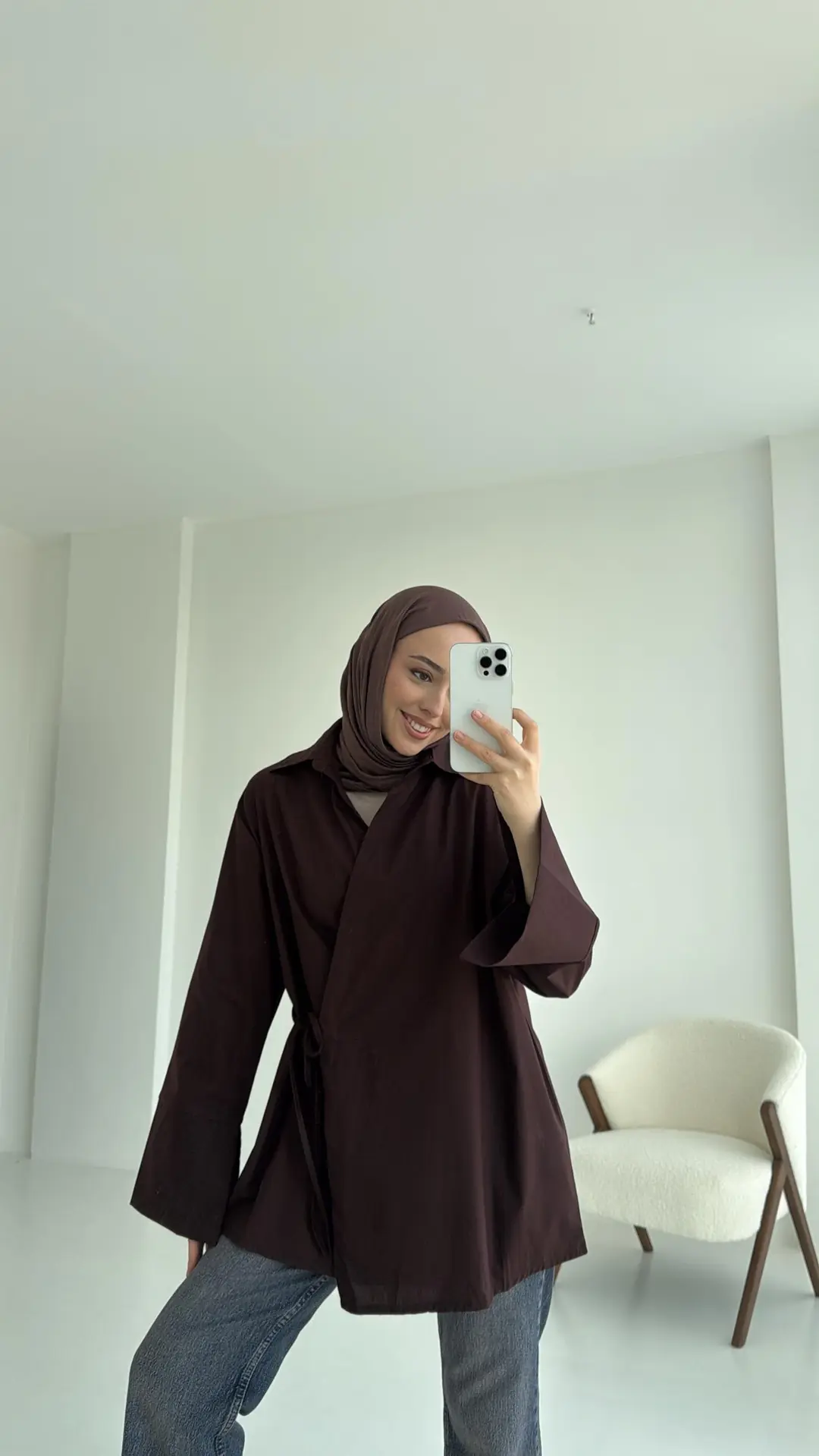 Kolları Yırtmaç Detay Yandan Bağlamalı Gömlek Acı Kahve