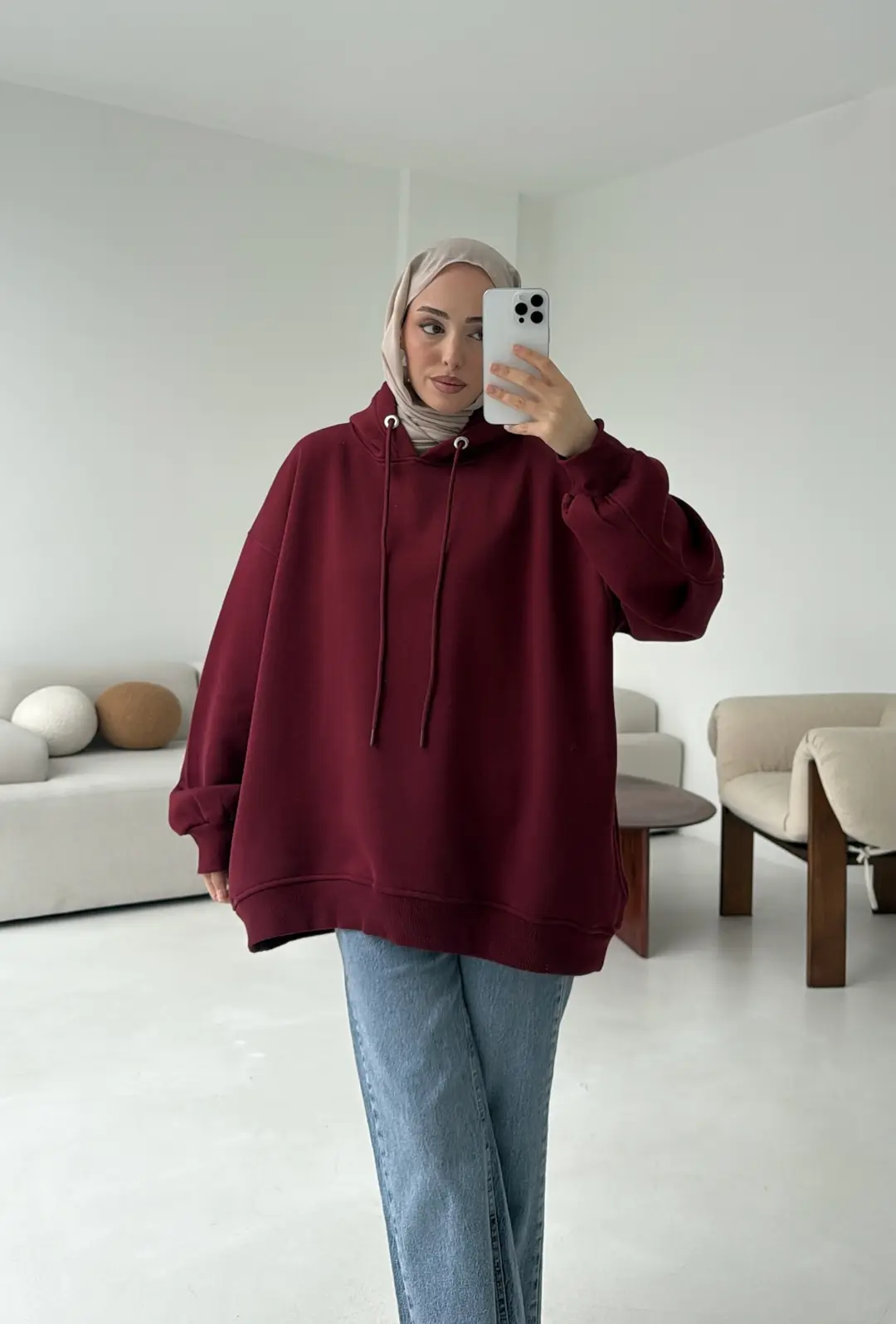 Kolu Pile Detay Oversize Sweatshirt Bordo - Görsel 2