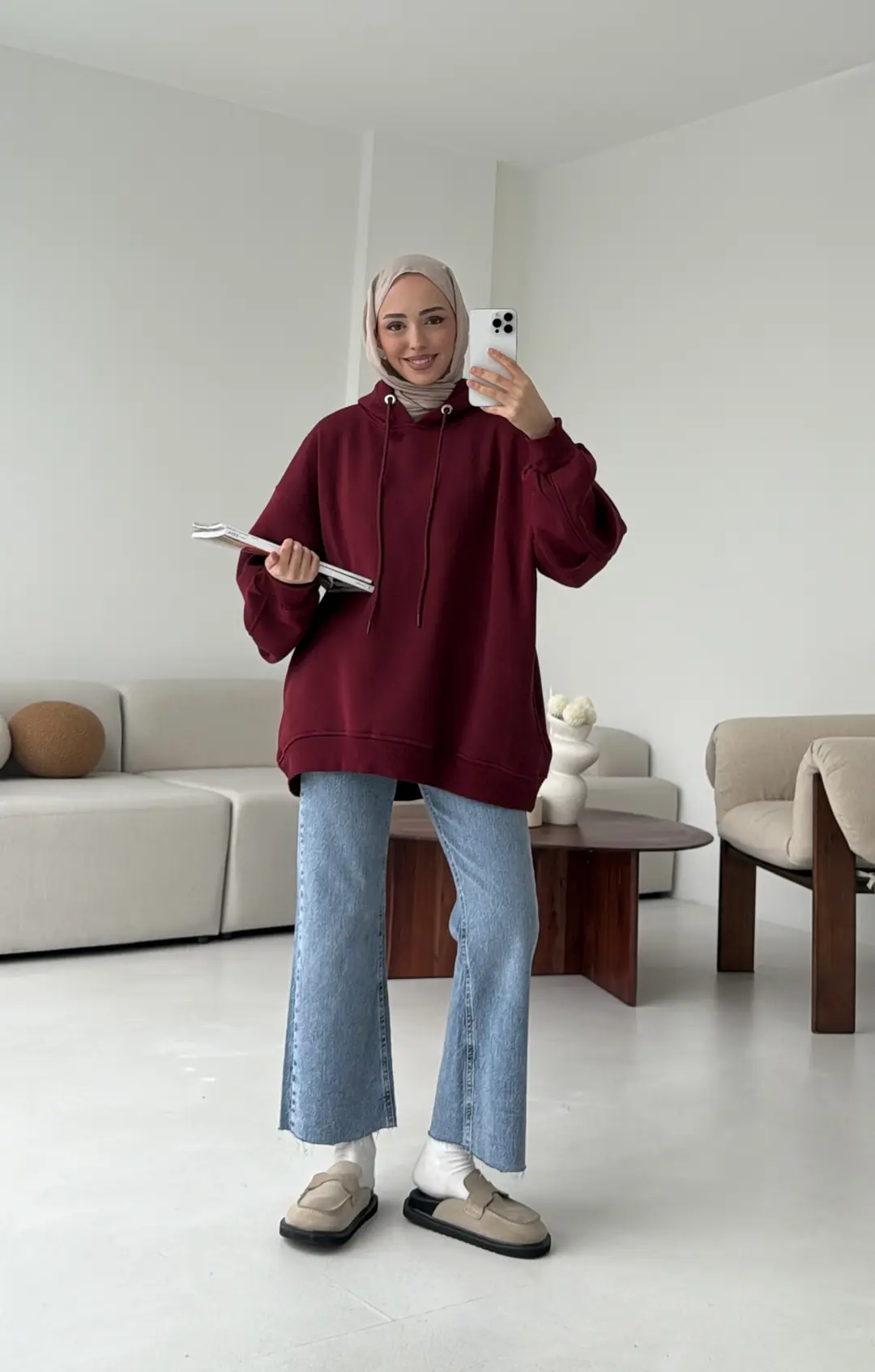 Kolu Pile Detay Oversize Sweatshirt Bordo - Görsel 3