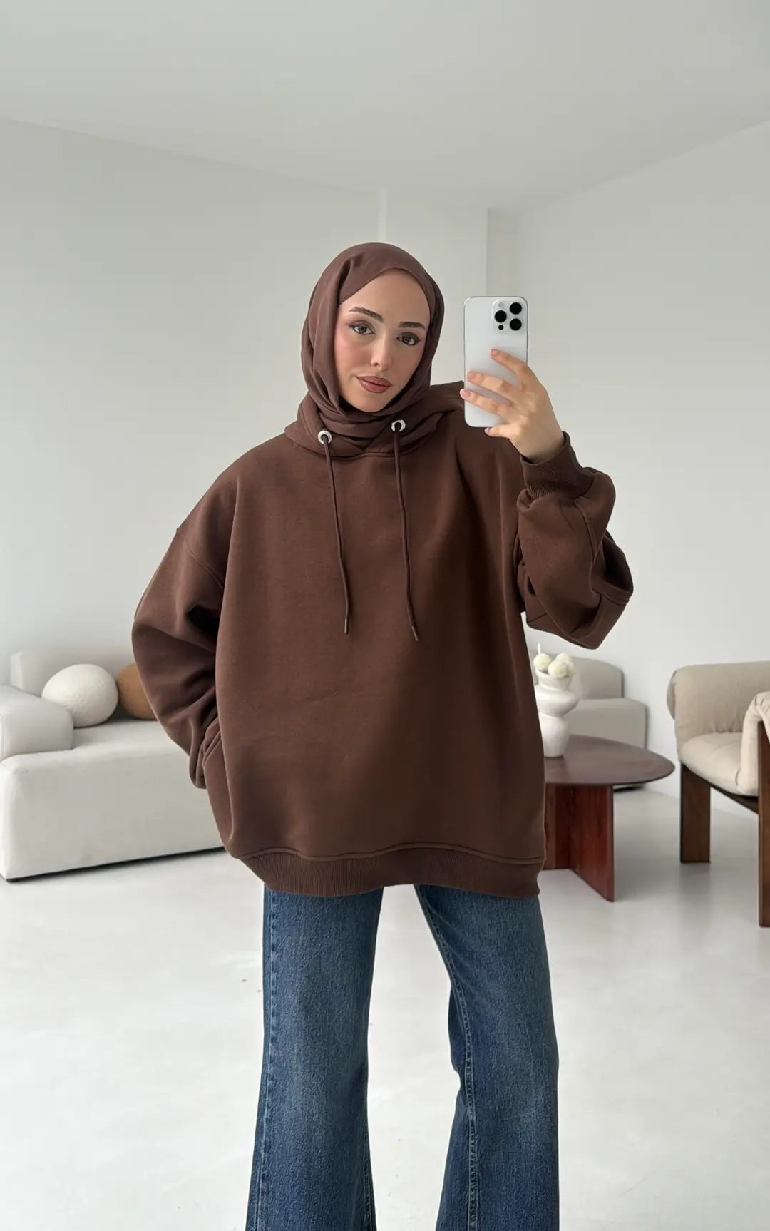 Kolu Pile Detay Oversize Sweatshirt Kahve - Görsel 5