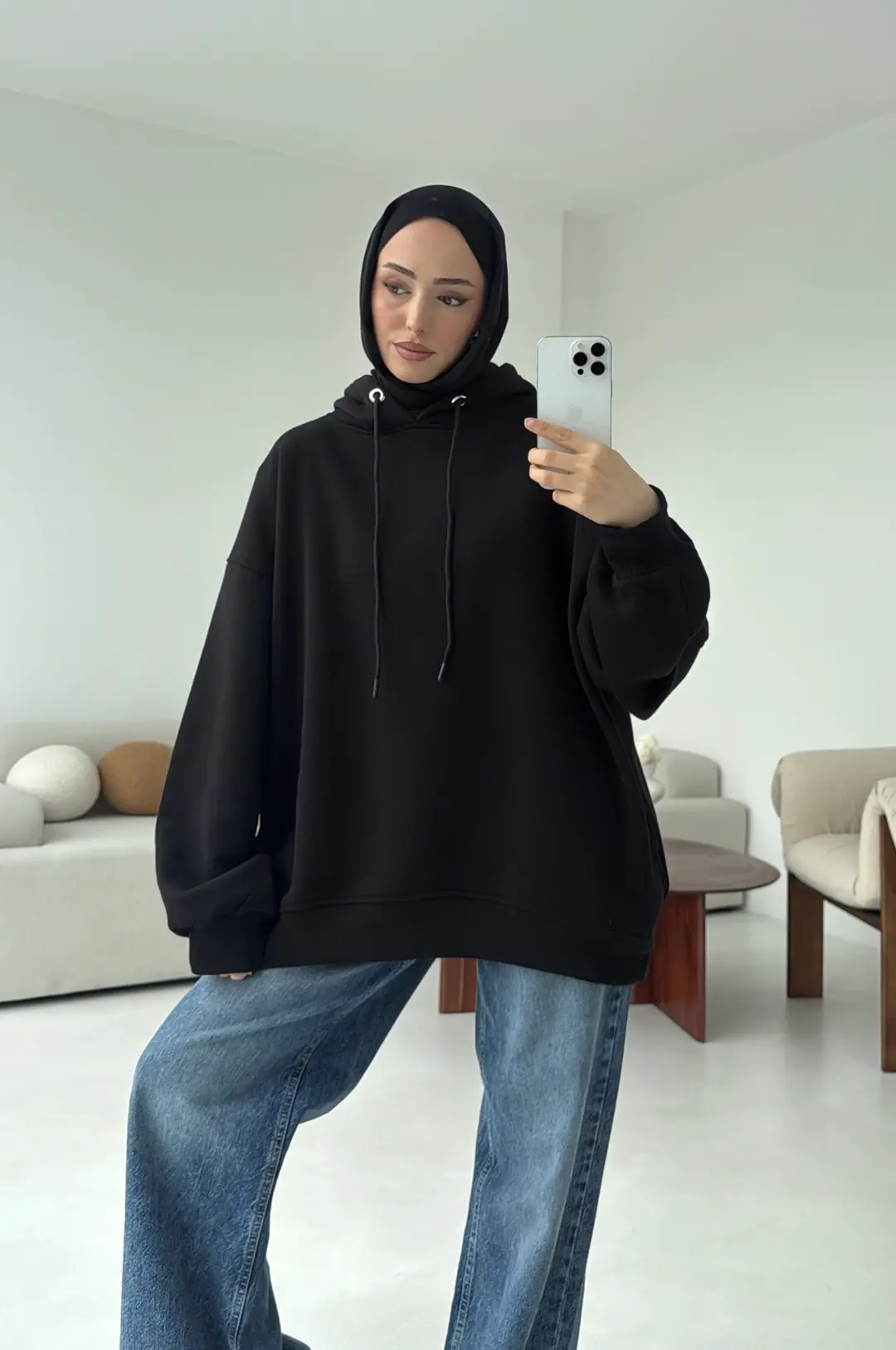 Kolu Pile Detay Oversize Sweatshirt Siyah - Görsel 2