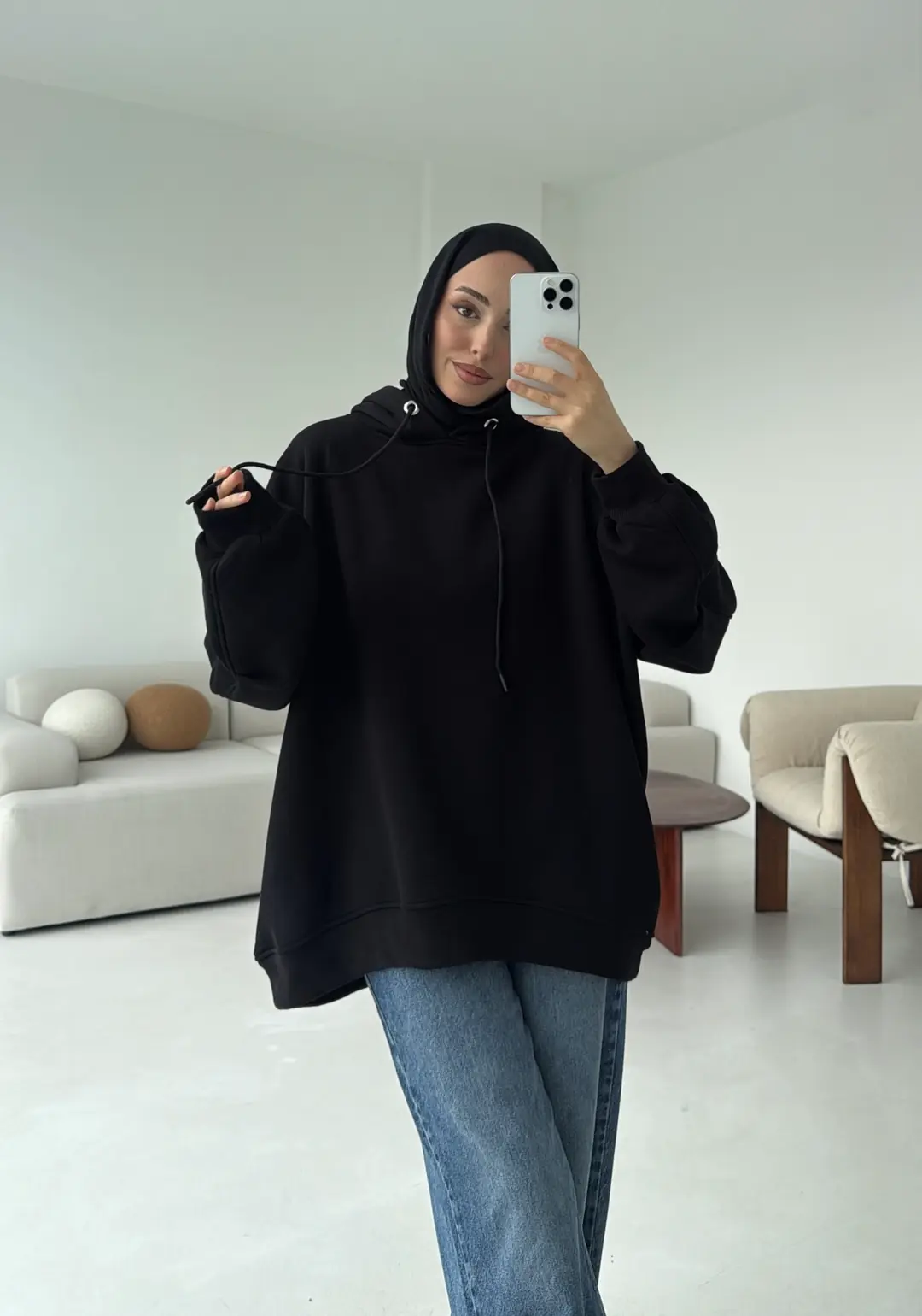 Kolu Pile Detay Oversize Sweatshirt Siyah - Görsel 5