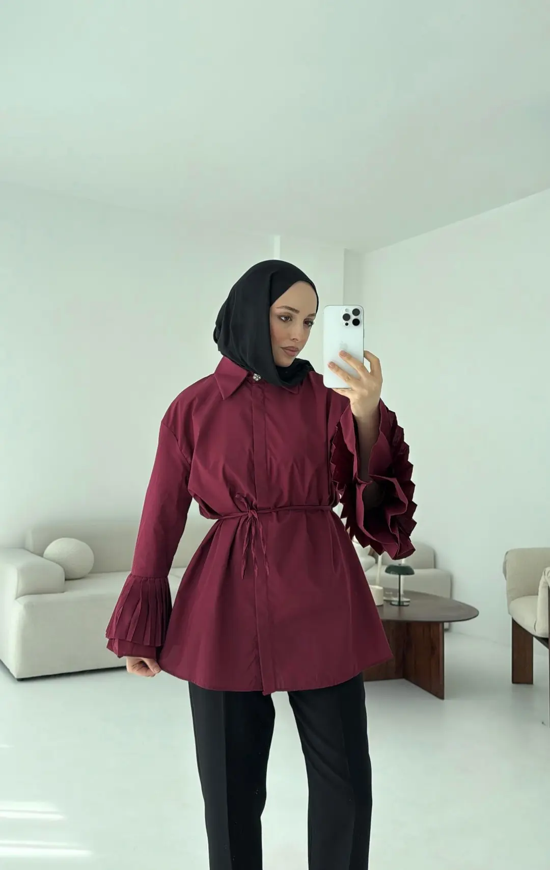 Kolu Piliseli Gömlek Bordo - Görsel 4