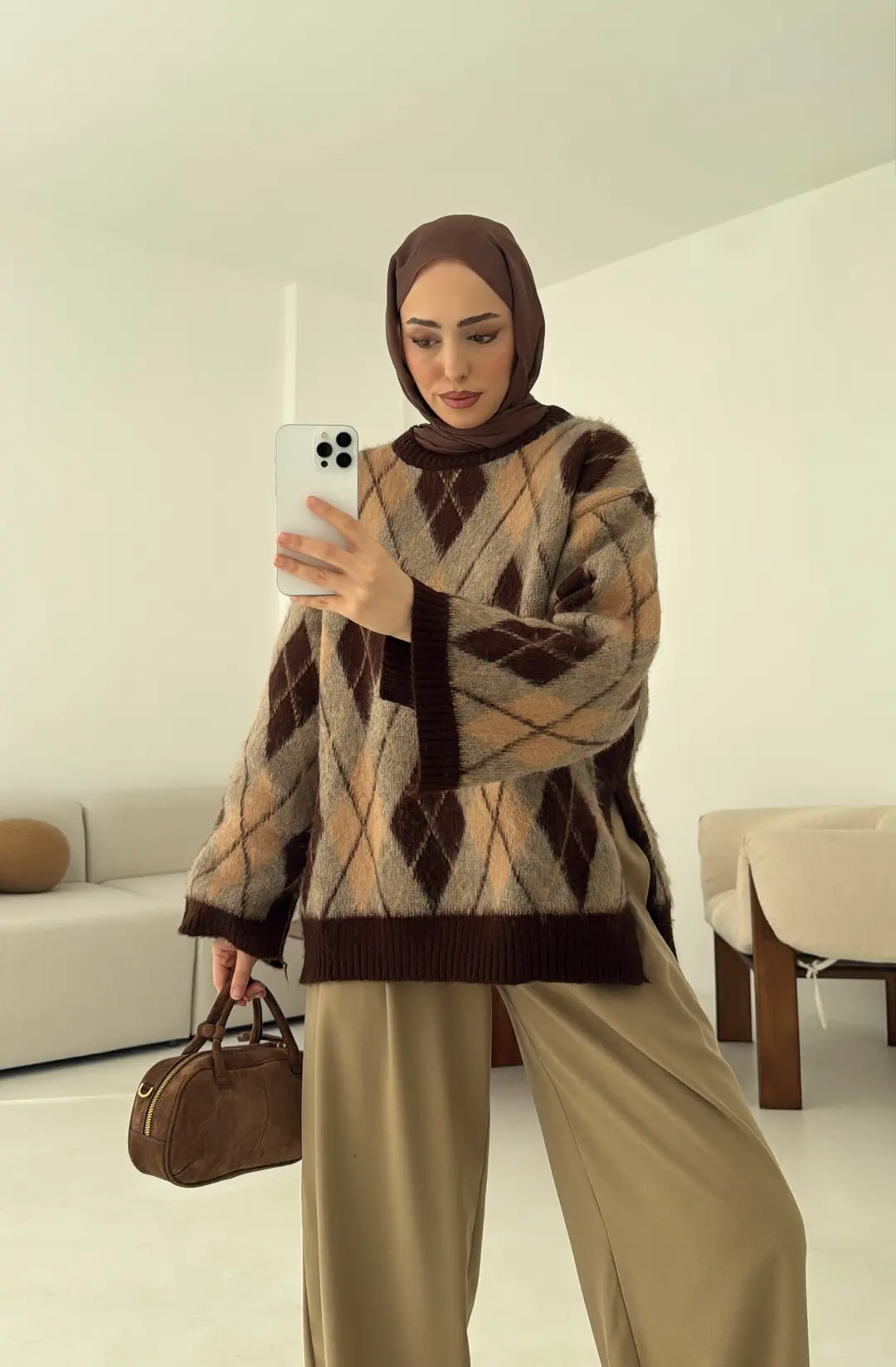 Kolu Yırtmaç Detay Tasarım Kazak Kahve - Görsel 10