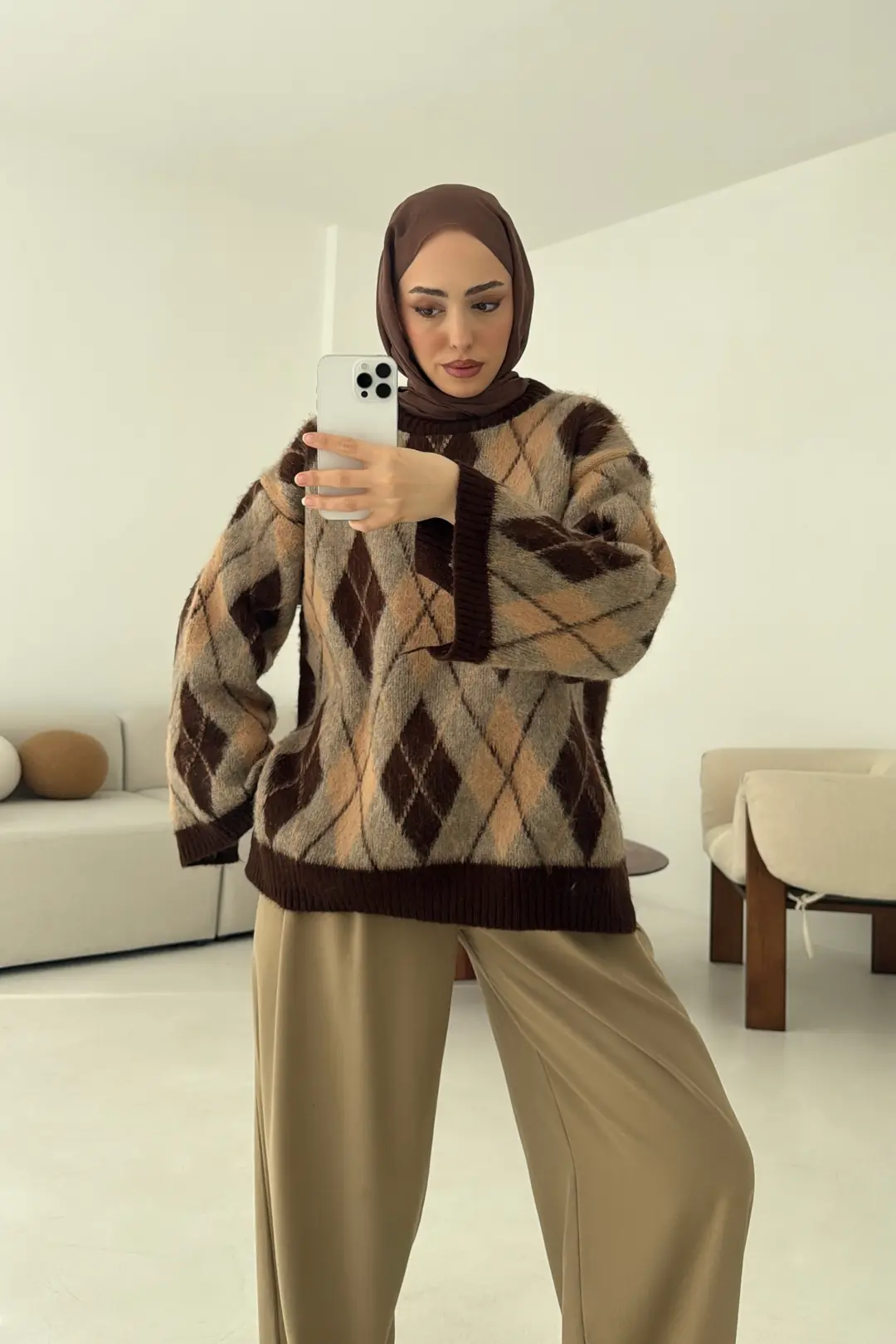 Kolu Yırtmaç Detay Tasarım Kazak Kahve - Görsel 8