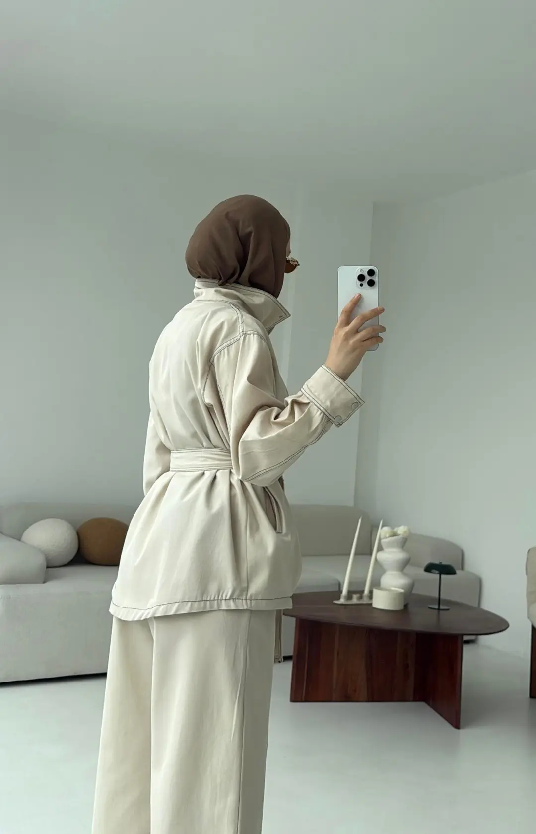 Kontrast Dikişli Gabardin Takım Bej - Görsel 3