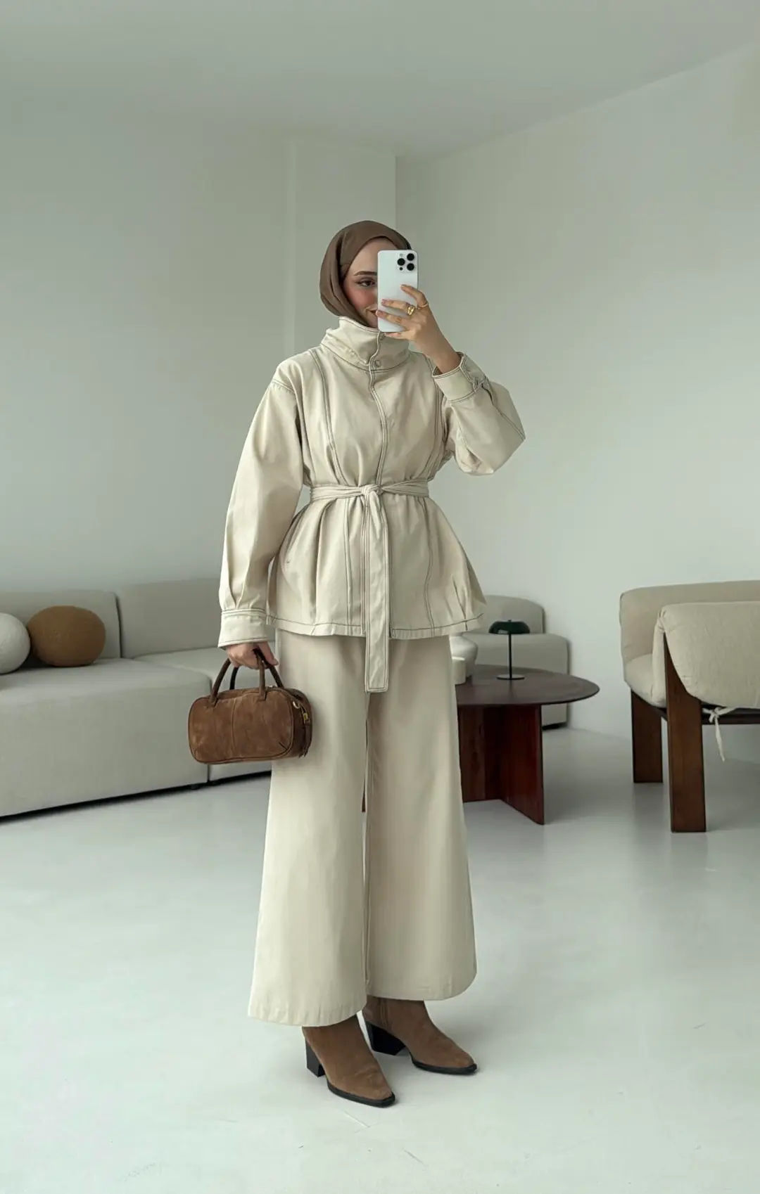 Kontrast Dikişli Gabardin Takım Bej - Görsel 5