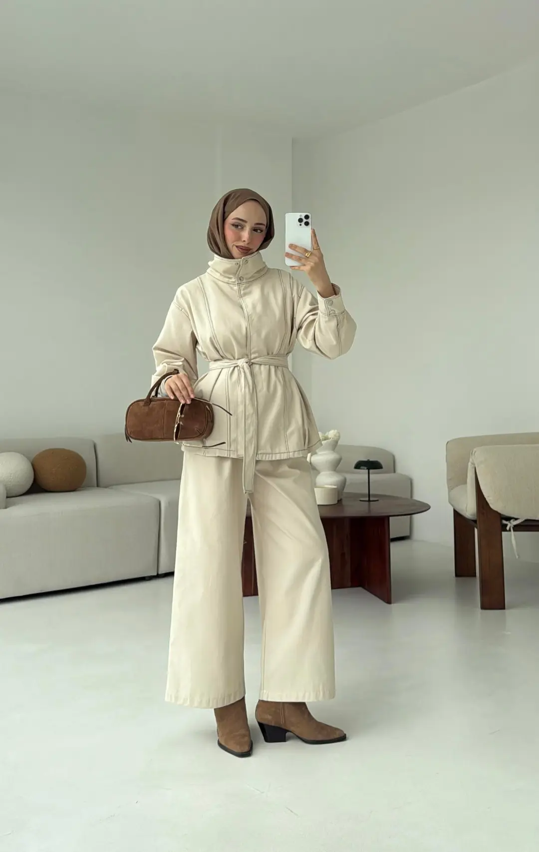 Kontrast Dikişli Gabardin Takım Bej - Görsel 6