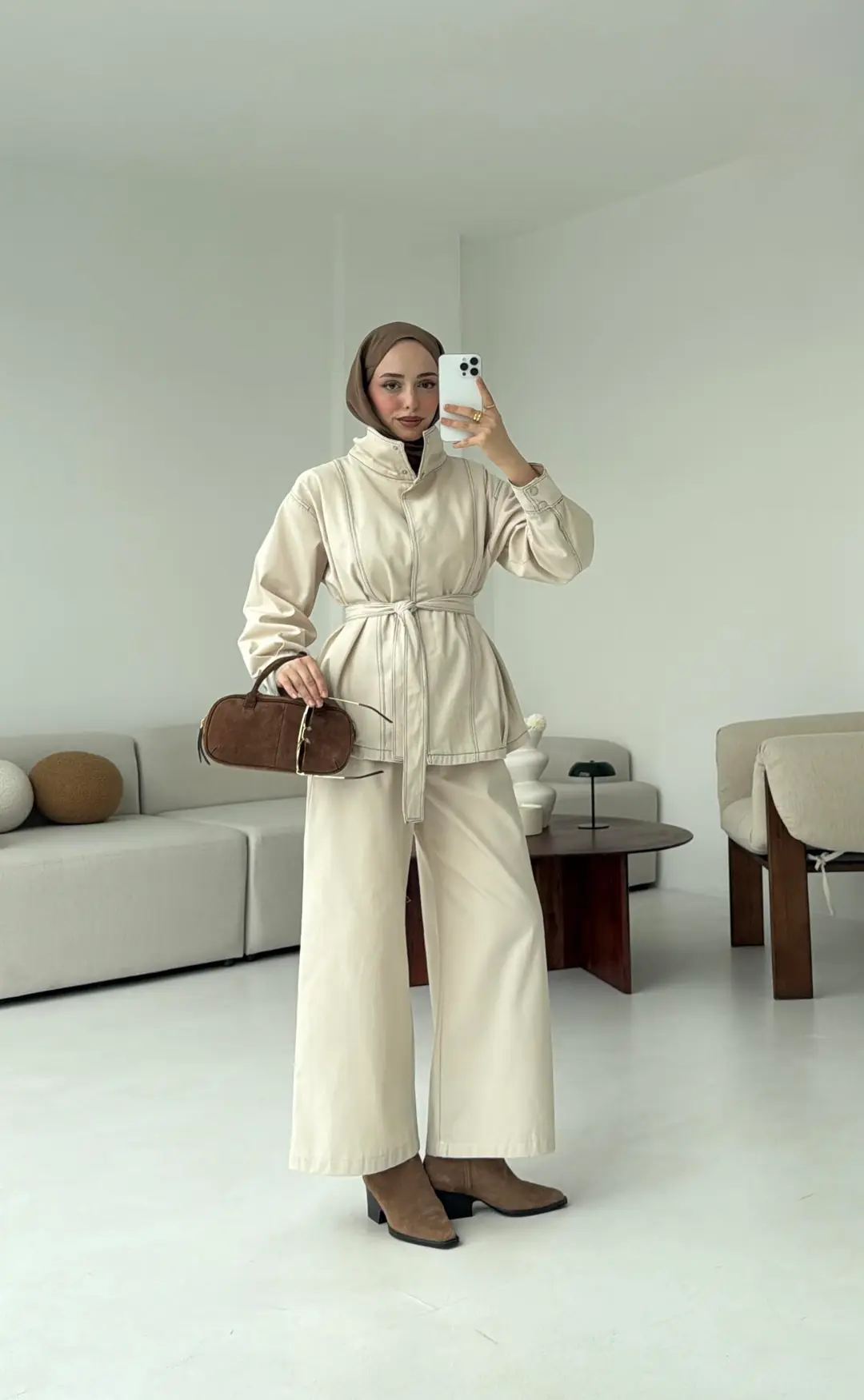 Kontrast Dikişli Gabardin Takım Bej - Görsel 8