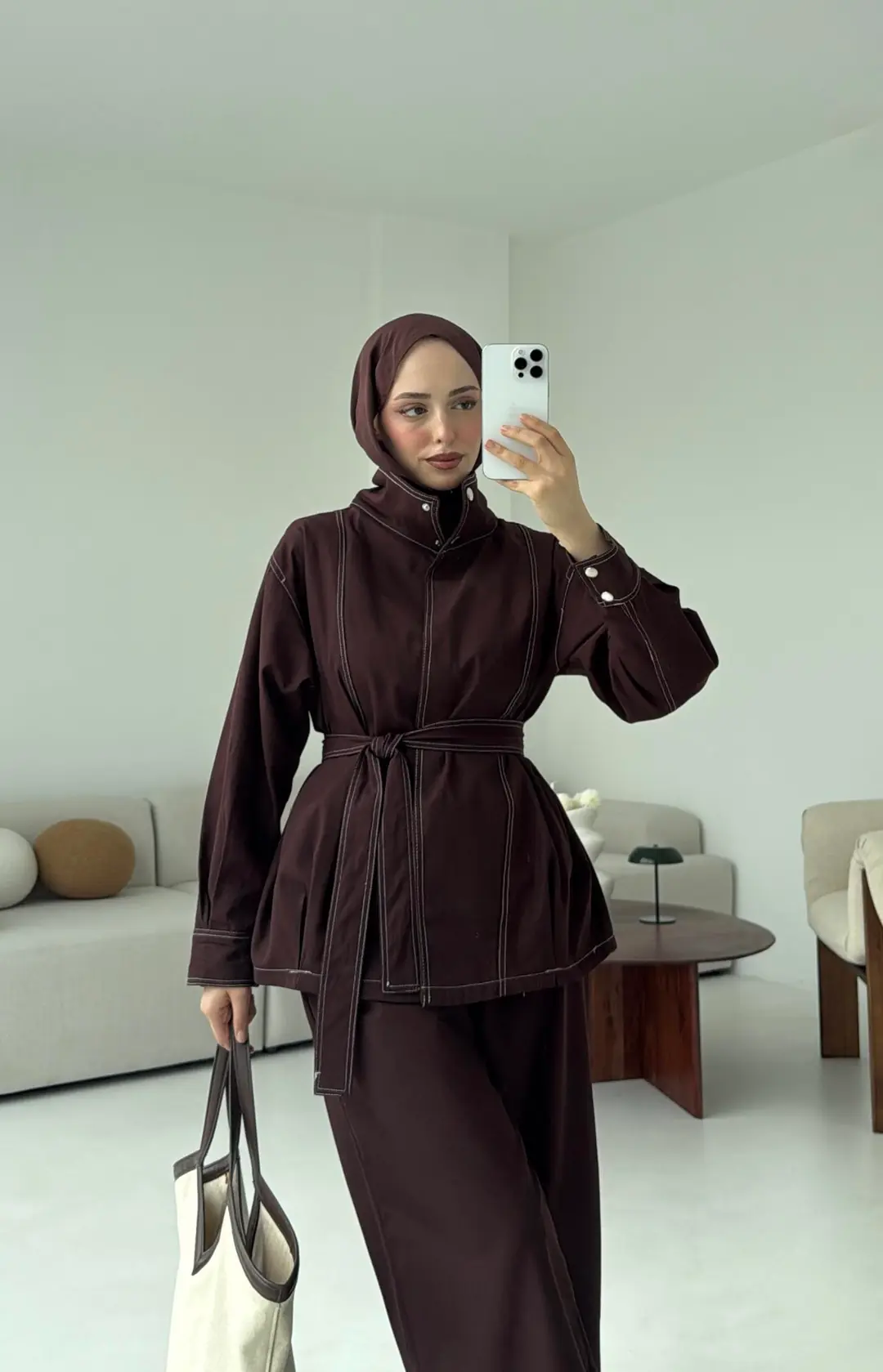 Kontrast Dikişli Gabardin Takım Kahve