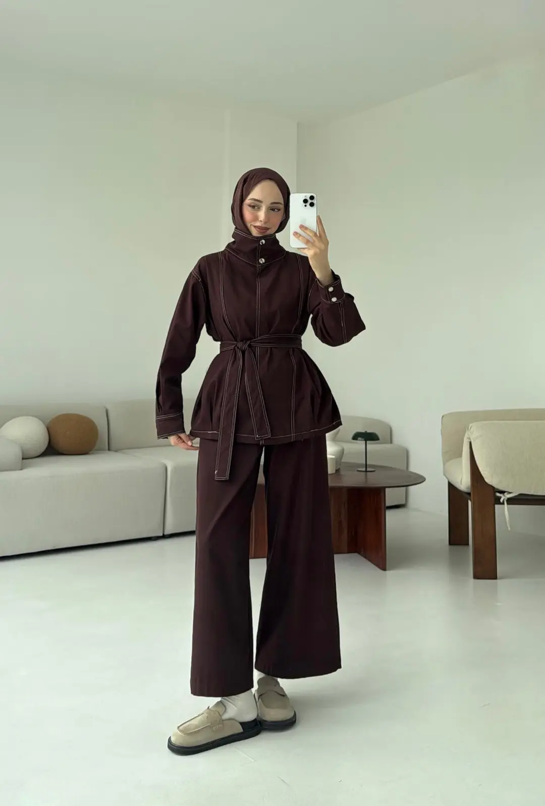 Kontrast Dikişli Gabardin Takım Kahve - Görsel 2