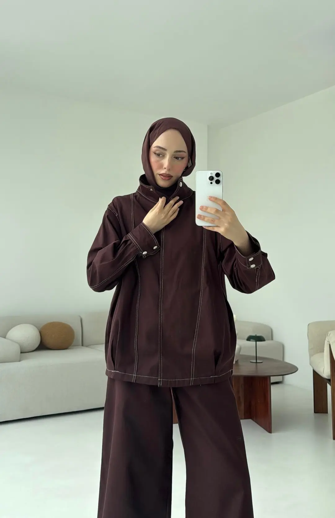 Kontrast Dikişli Gabardin Takım Kahve - Görsel 5