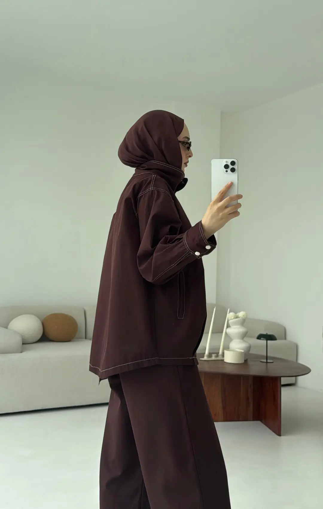 Kontrast Dikişli Gabardin Takım Kahve - Görsel 6