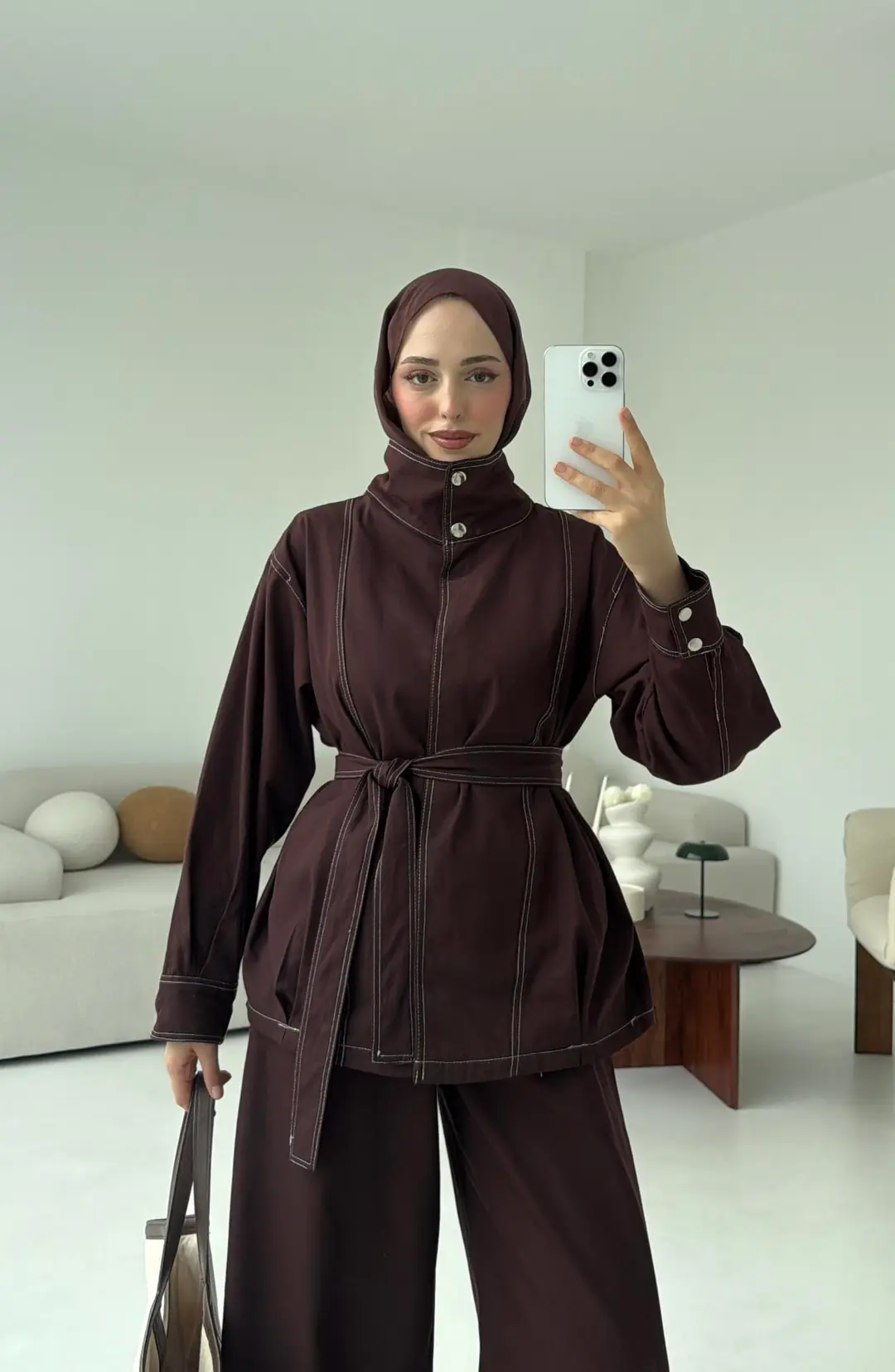 Kontrast Dikişli Gabardin Takım Kahve - Görsel 9