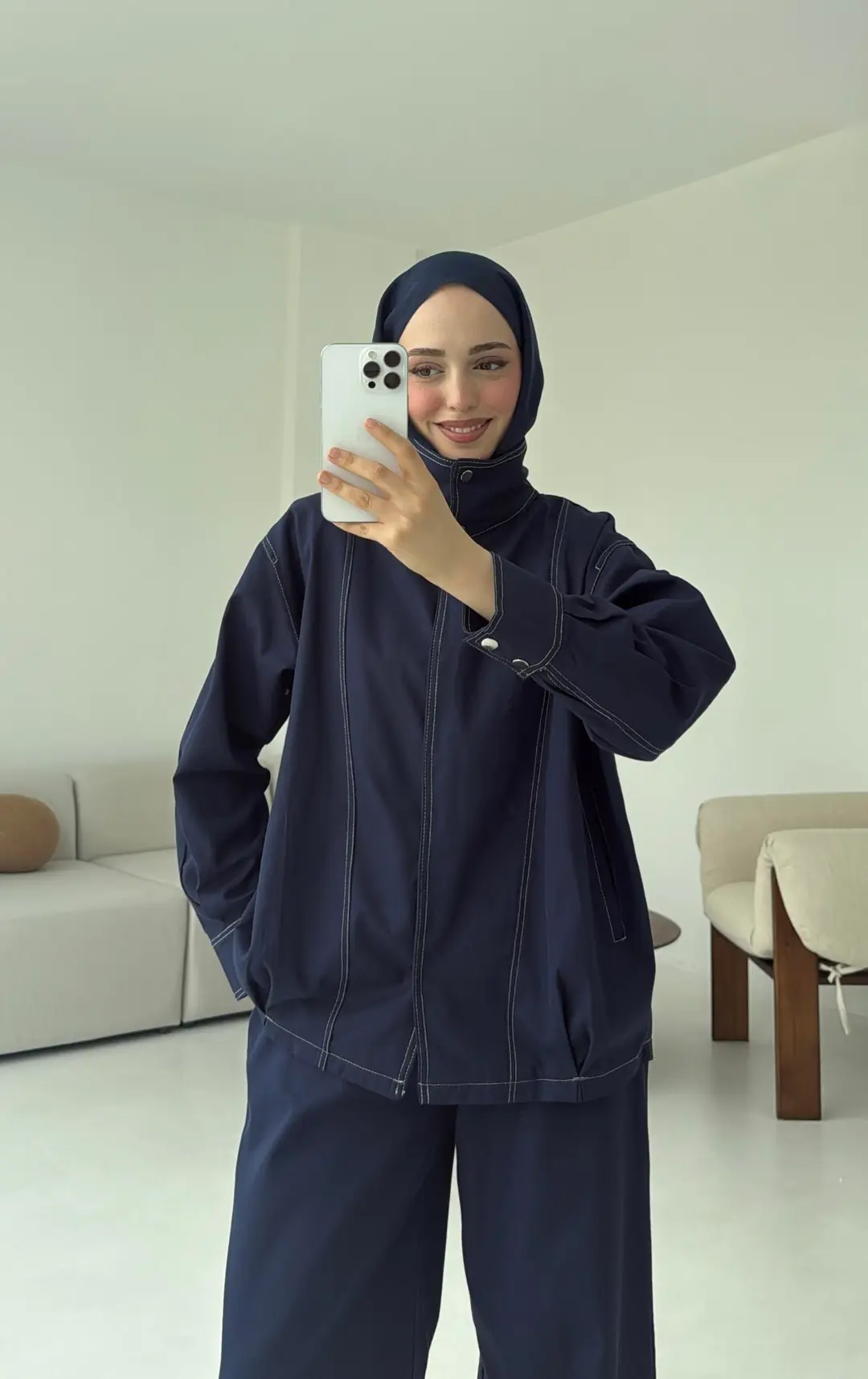 Kontrast Dikişli Gabardin Takım Lacivert - Görsel 8