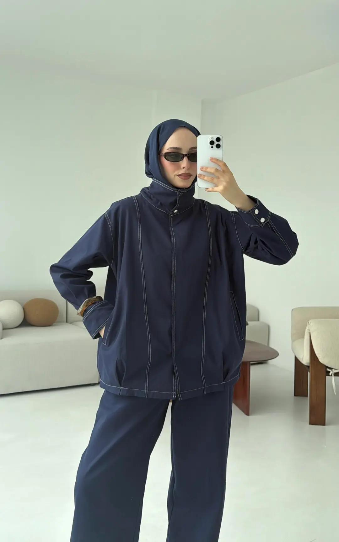 Kontrast Dikişli Gabardin Takım Lacivert - Görsel 9