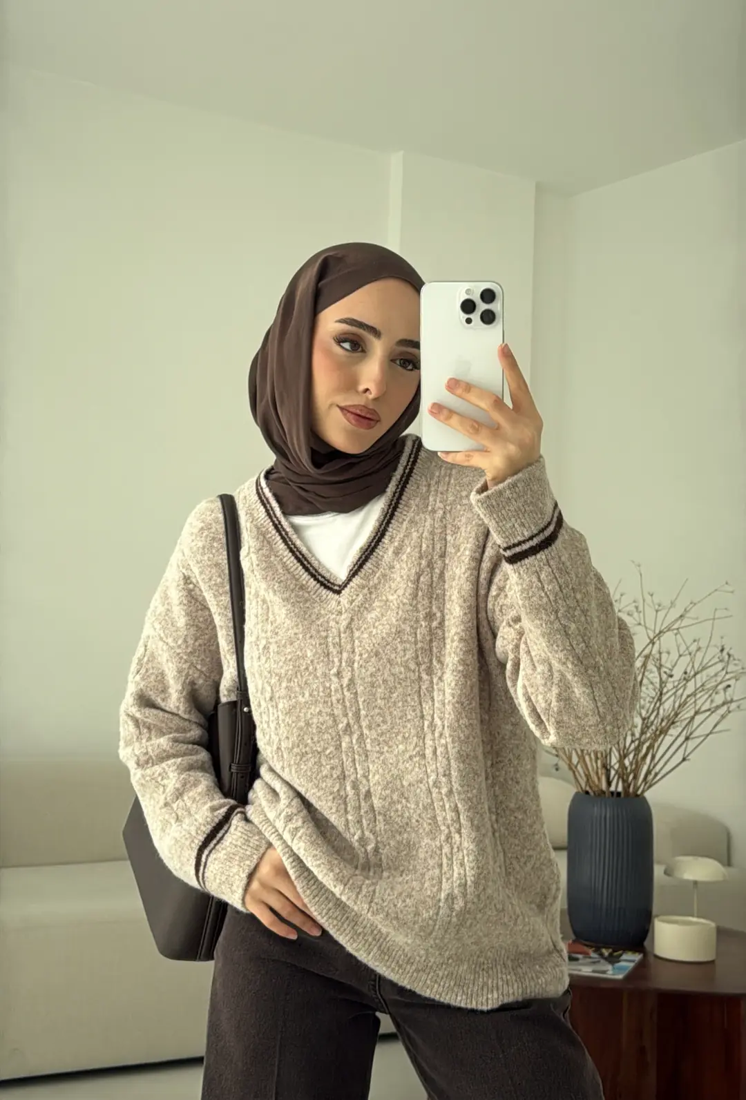 Kontrast Yaka Triko Kazak Bej - Görsel 4