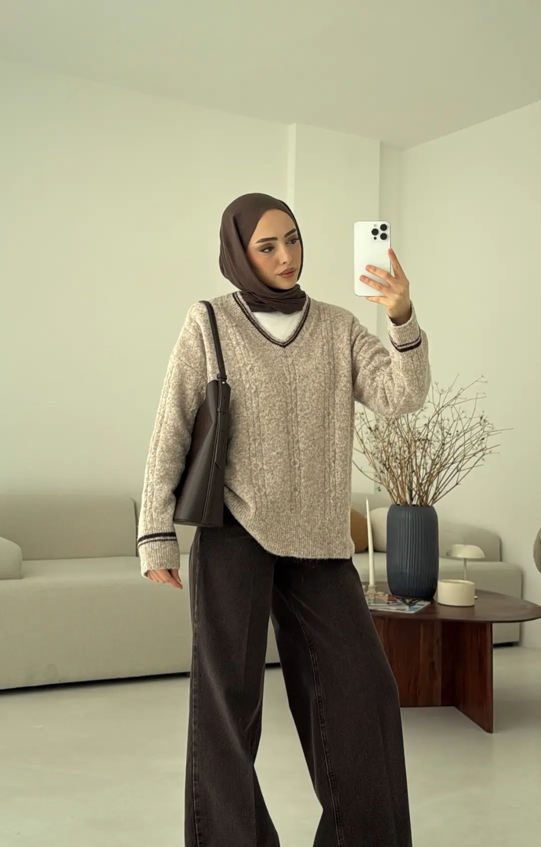 Kontrast Yaka Triko Kazak Bej - Görsel 5