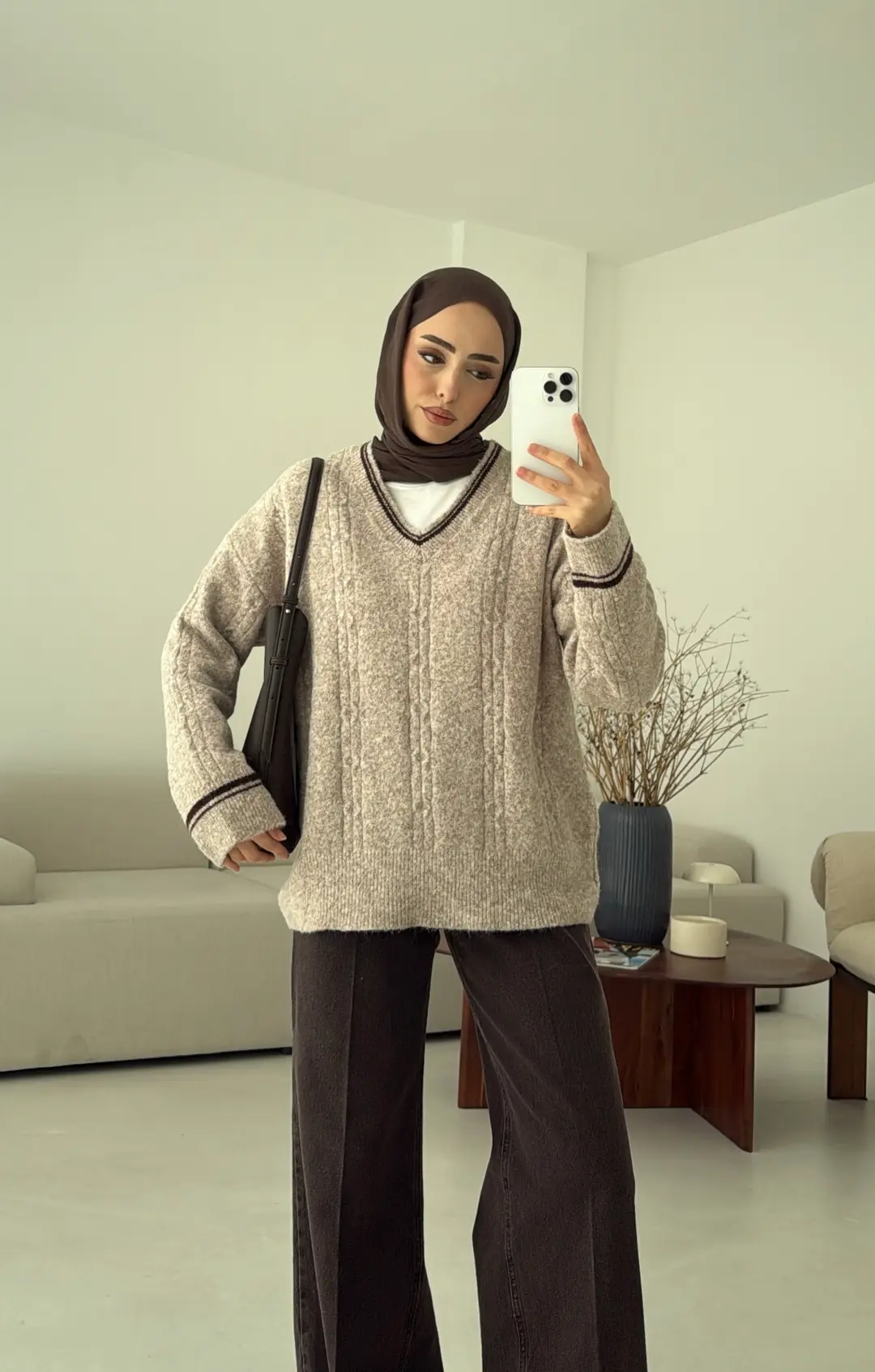 Kontrast Yaka Triko Kazak Bej - Görsel 8