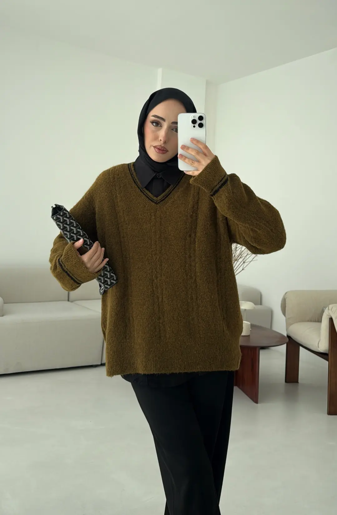 Kontrast Yaka Triko Kazak Olive - Görsel 3