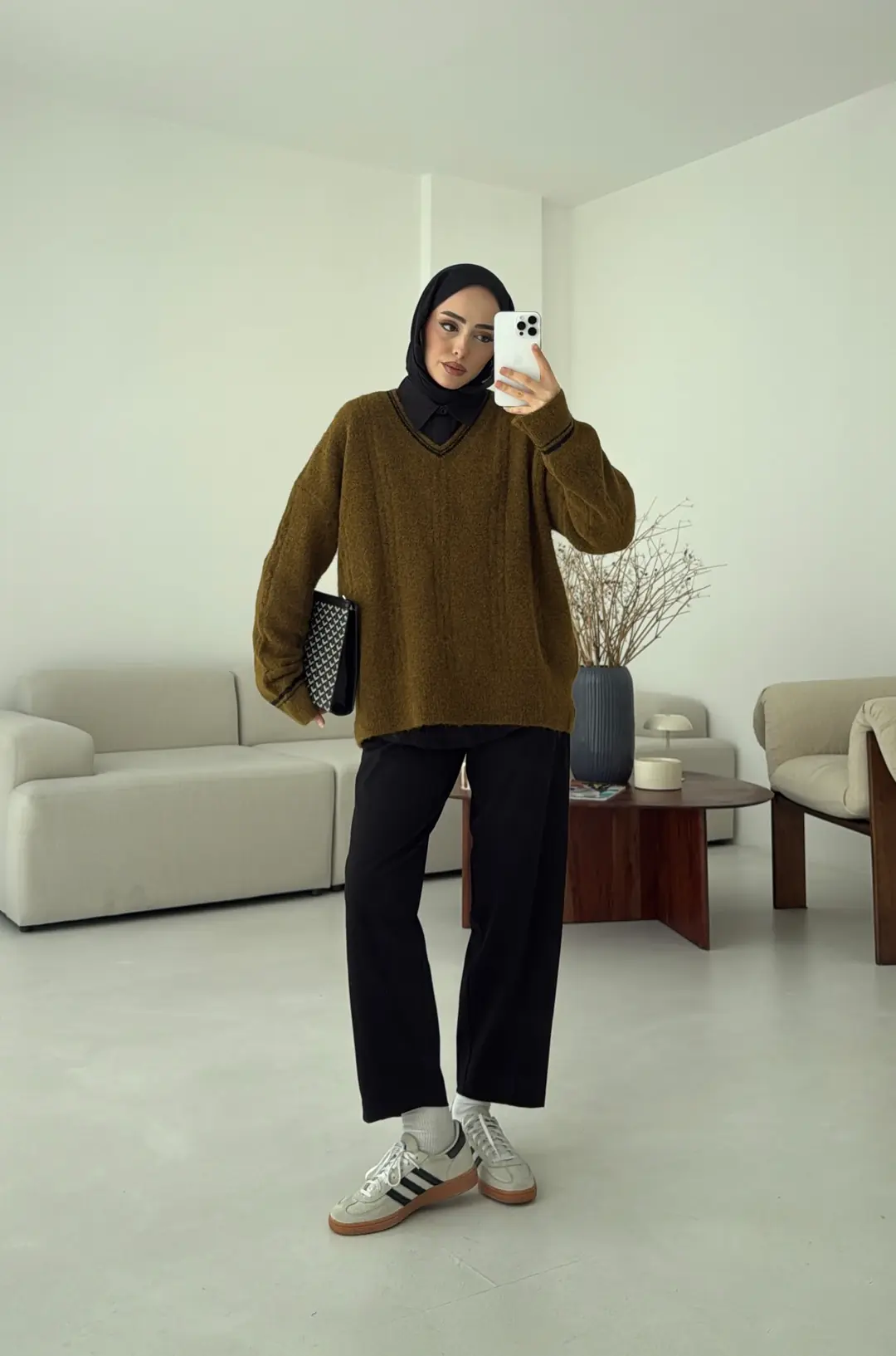 Kontrast Yaka Triko Kazak Olive - Görsel 5