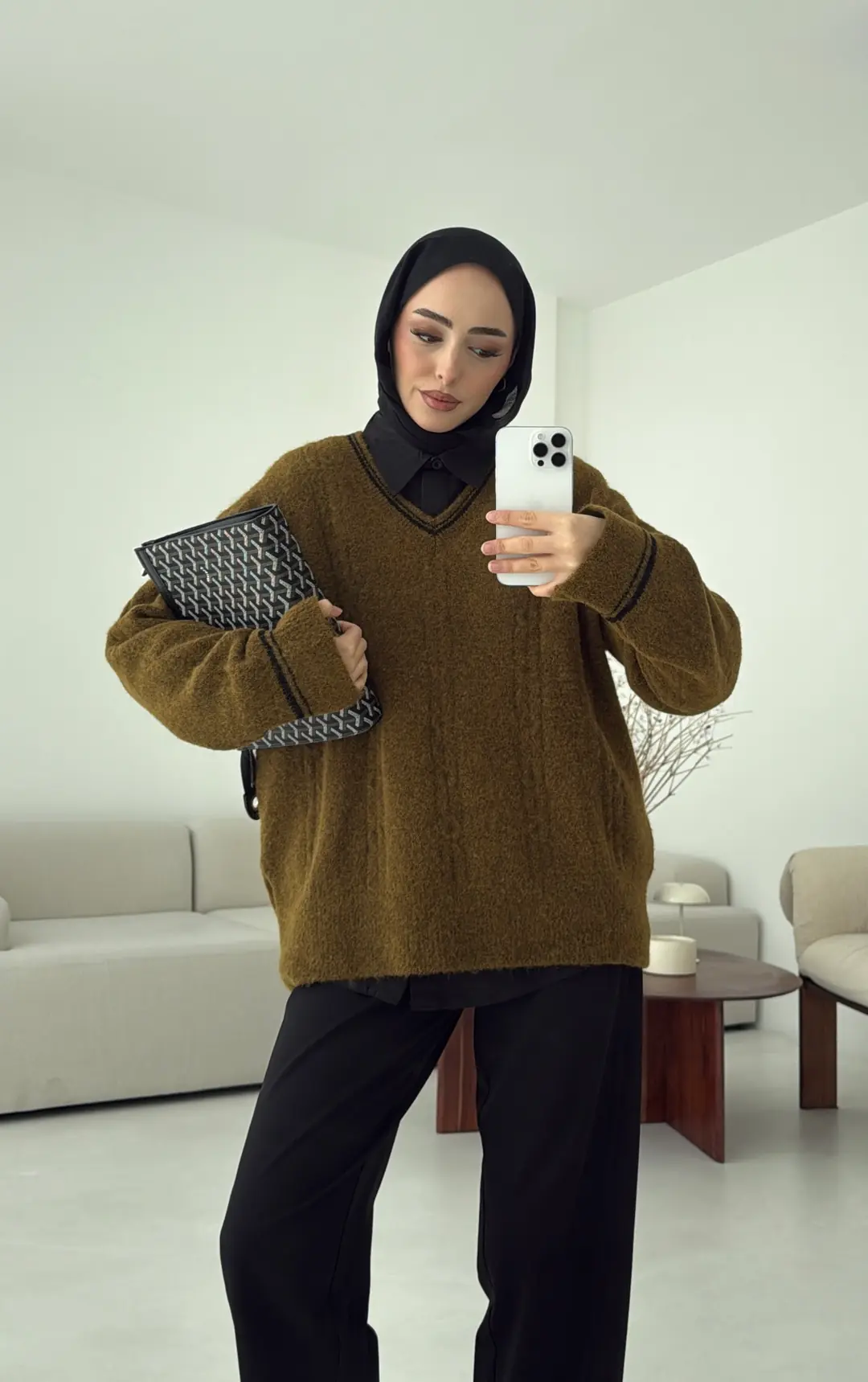 Kontrast Yaka Triko Kazak Olive - Görsel 6