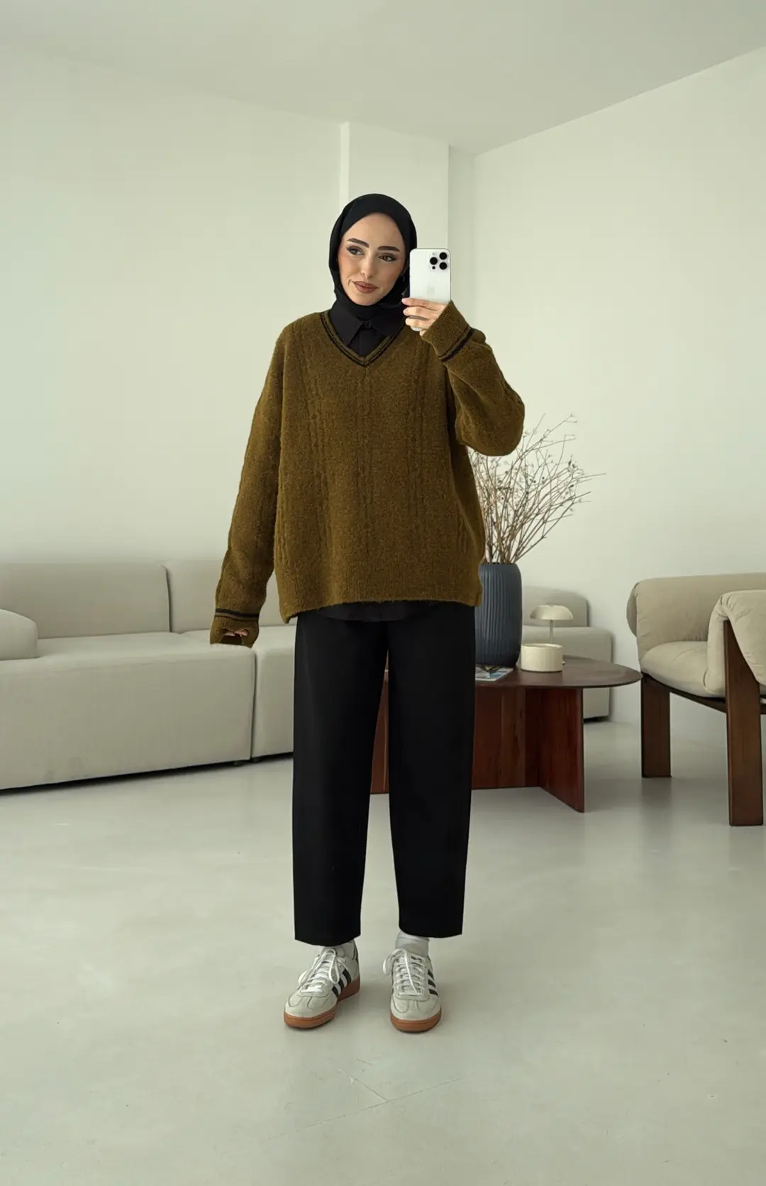 Kontrast Yaka Triko Kazak Olive - Görsel 7