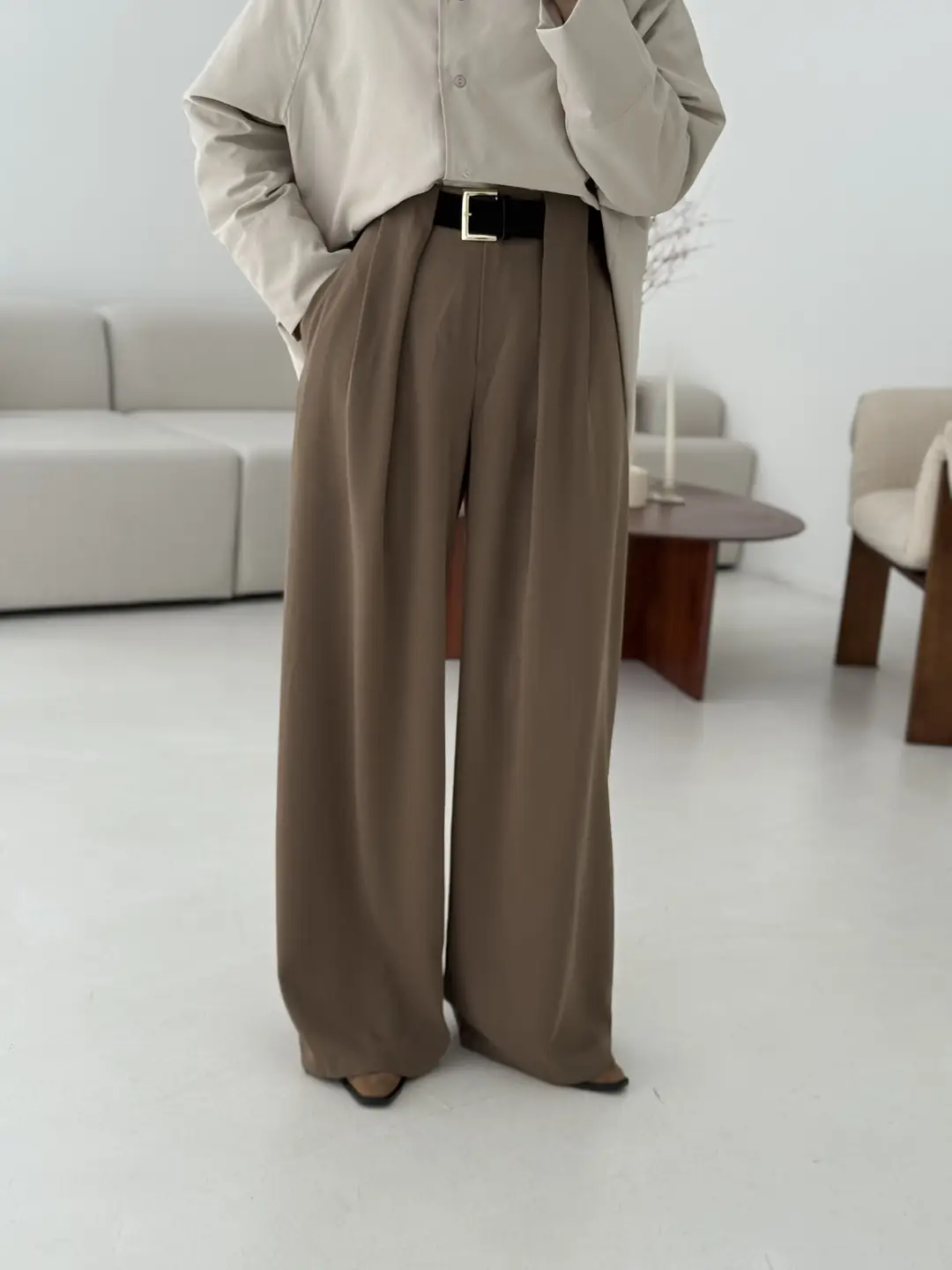 Köprü Detay Kemerli Pantolon Acık Haki