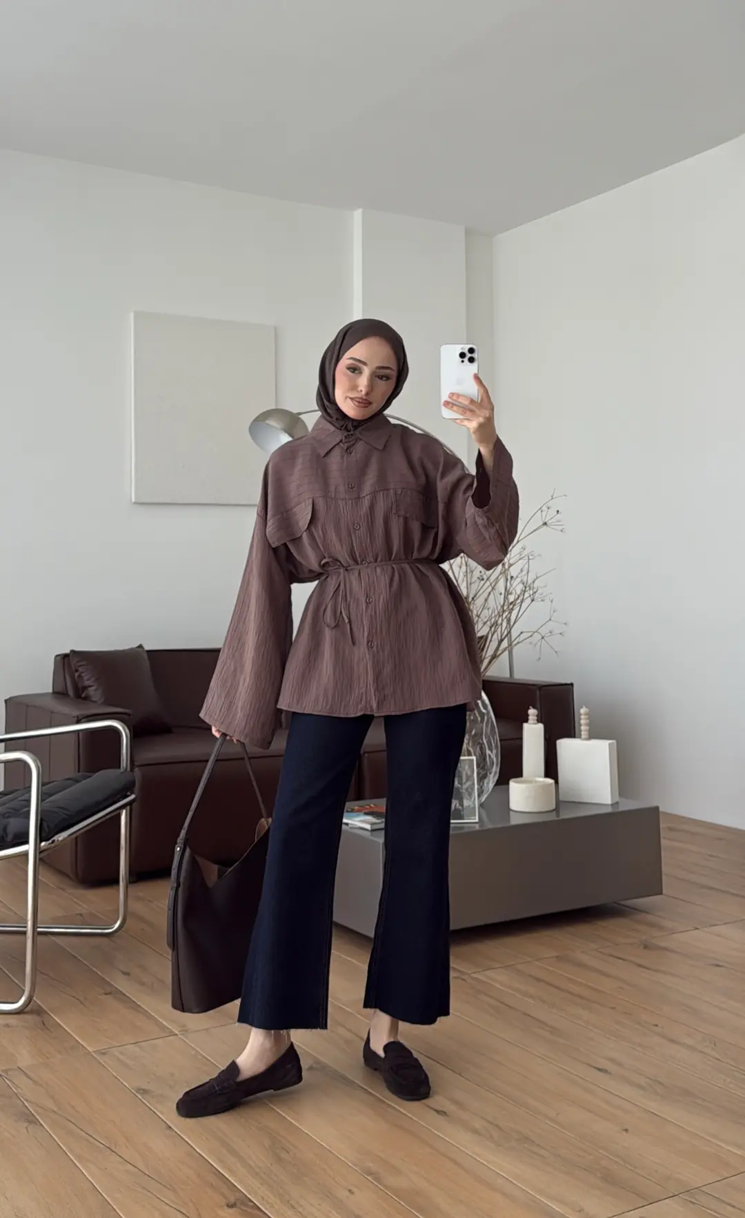 Krep Bağlamalı Dökümlü Gömlek Kahve - Görsel 10