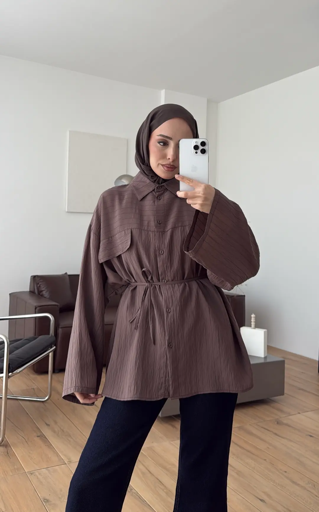 Krep Bağlamalı Dökümlü Gömlek Kahve - Görsel 8