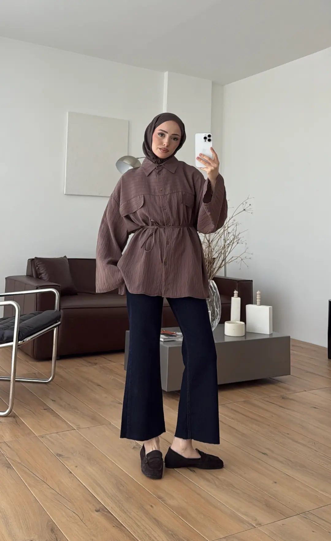 Krep Bağlamalı Dökümlü Gömlek Kahve - Görsel 9