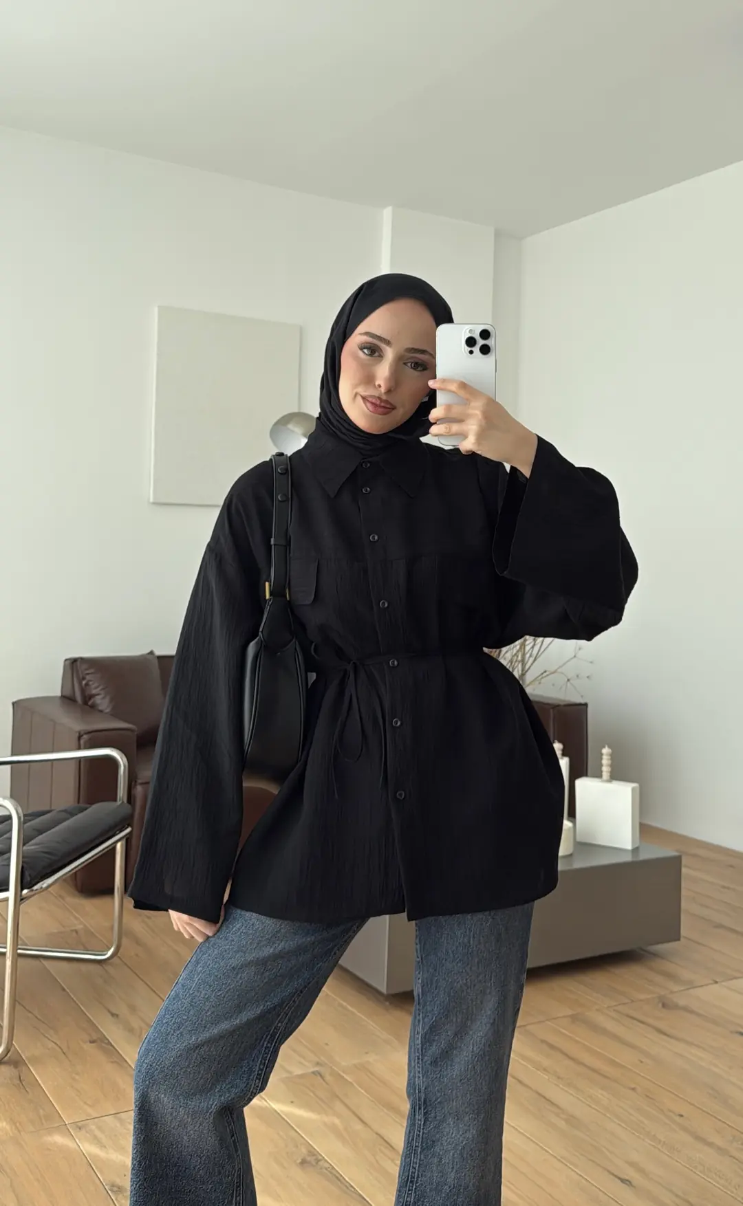 Krep Bağlamalı Dökümlü Gömlek Siyah