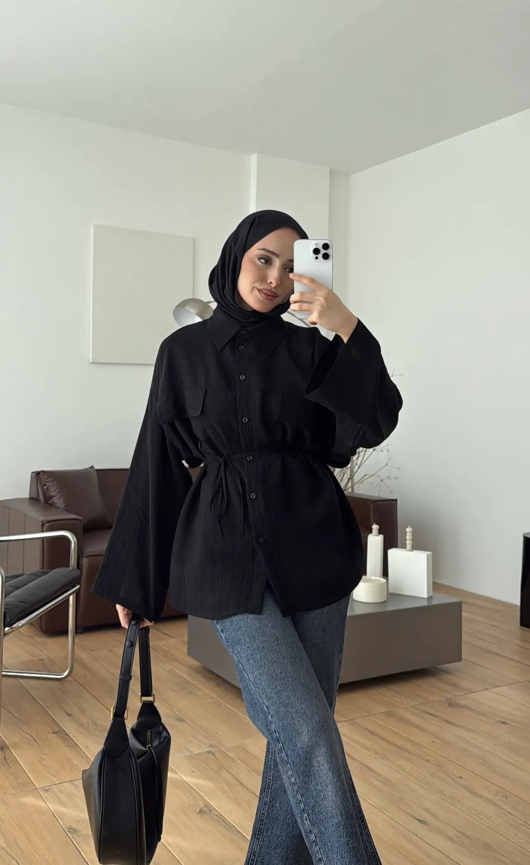 Krep Bağlamalı Dökümlü Gömlek Siyah - Görsel 3