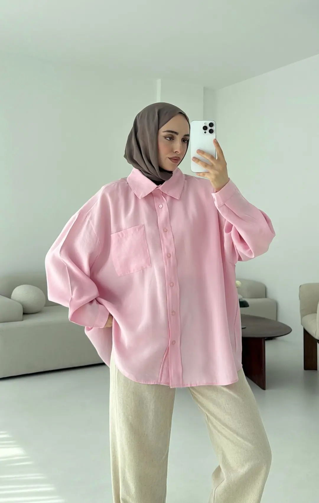 Krep Dökümlü Gömlek Pembe - Görsel 2